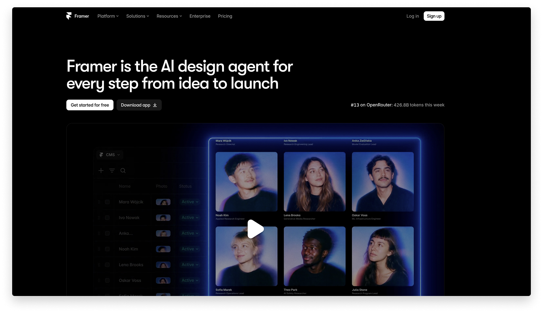 Framer design canvas, with no white label offer published for agencies