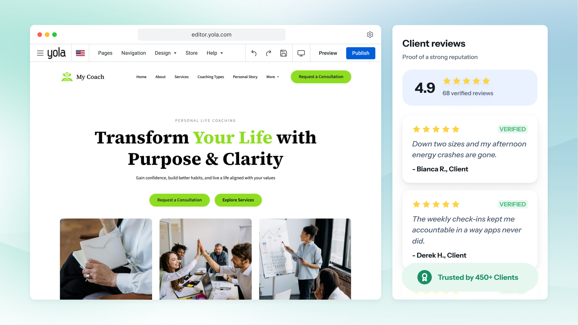 Una página web de coaching de salud con testimonios de clientes usados con permiso, un seguimiento semanal anonimizado y el coach hablando a cámara.