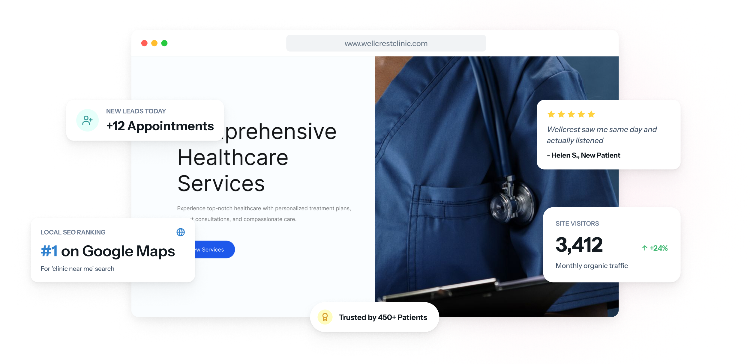 A clinic website on laptop and phone, showing a list of services, clinician profiles with opening hours and a button to request an appointment.