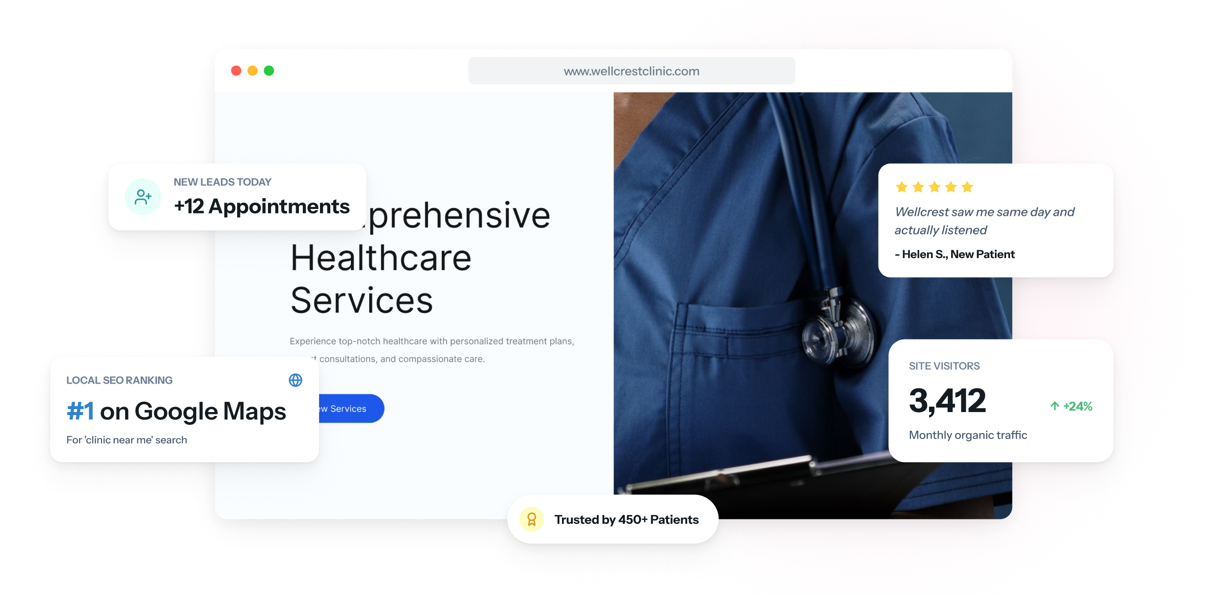 Página web de una clínica en un portátil y un teléfono, con una lista de servicios, perfiles de profesionales con su horario y un botón para solicitar una cita.