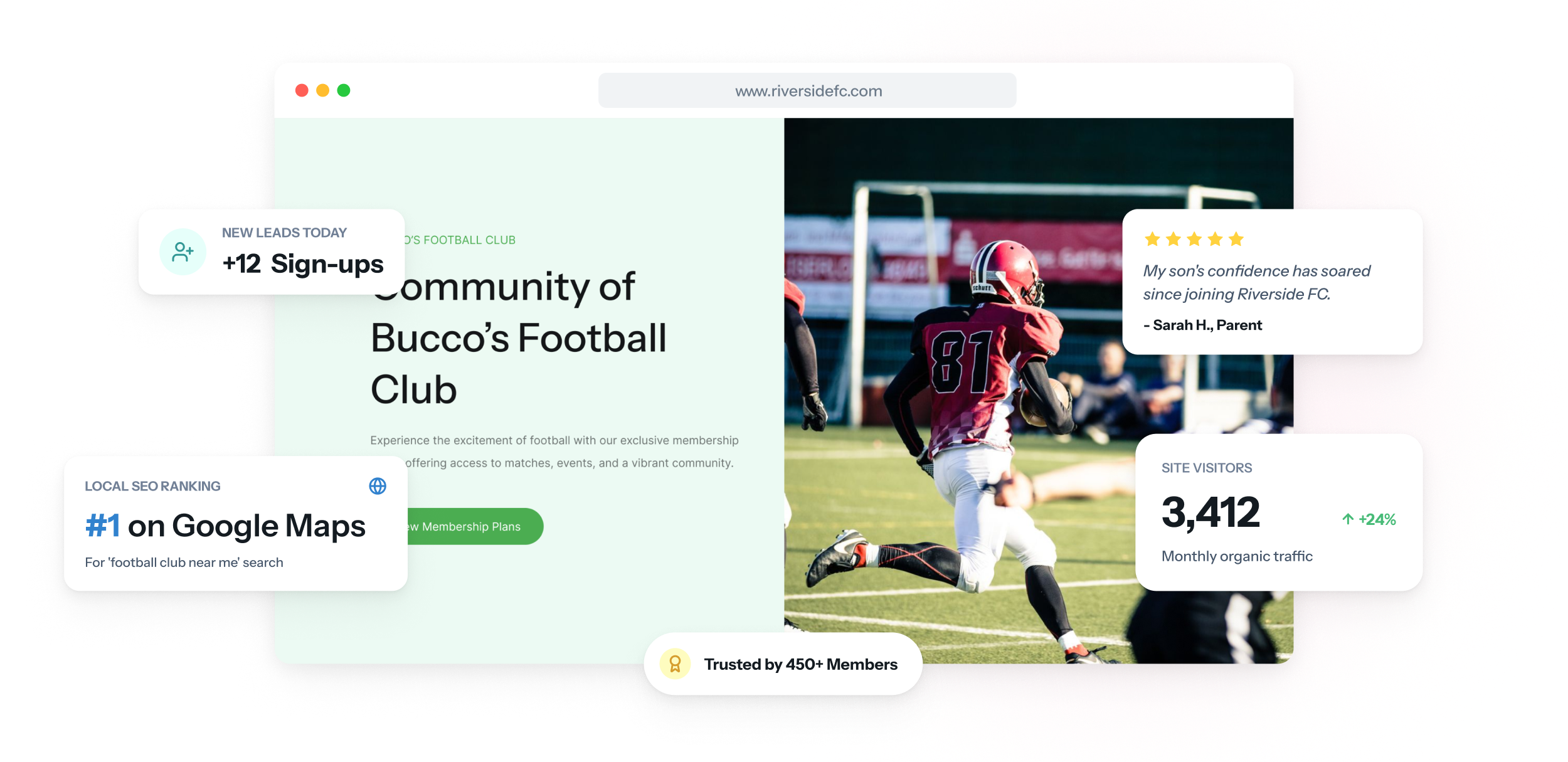 A football club website shown on laptop and phone, with this weekend's fixtures at the top and a link to junior team trials beside them.