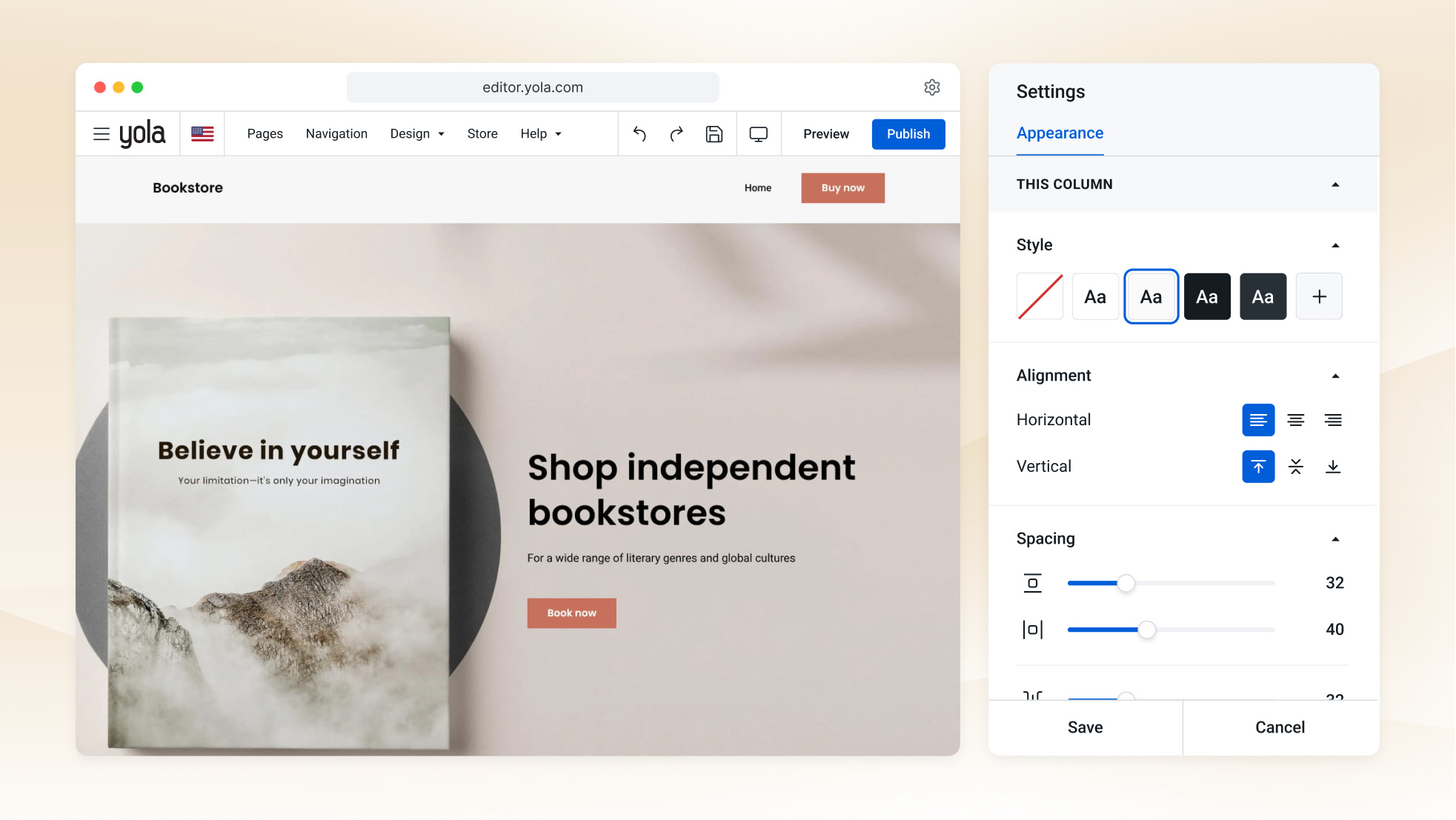 El creador de páginas web con IA de Yola preparando la página de inicio de una librería a partir de unas pocas respuestas, en la pantalla de un portátil.