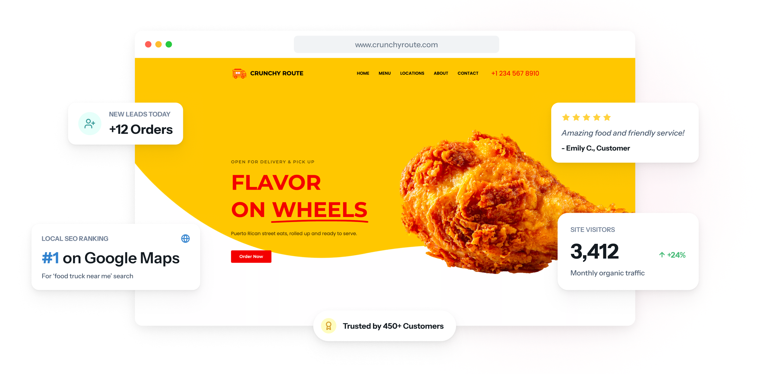 Food-Truck-Website auf Laptop und Smartphone, oben mit der heutigen Straße und den Ausgabezeiten und einem Button für Catering-Anfragen neben der Speisekarte.