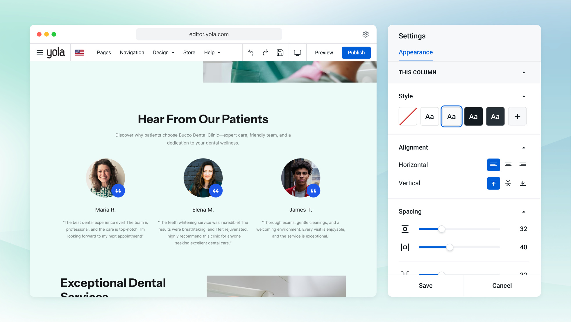L'editor di Yola aperto sulla home page di un dentista, mentre si modificano un elenco di trattamenti e un prezzo.