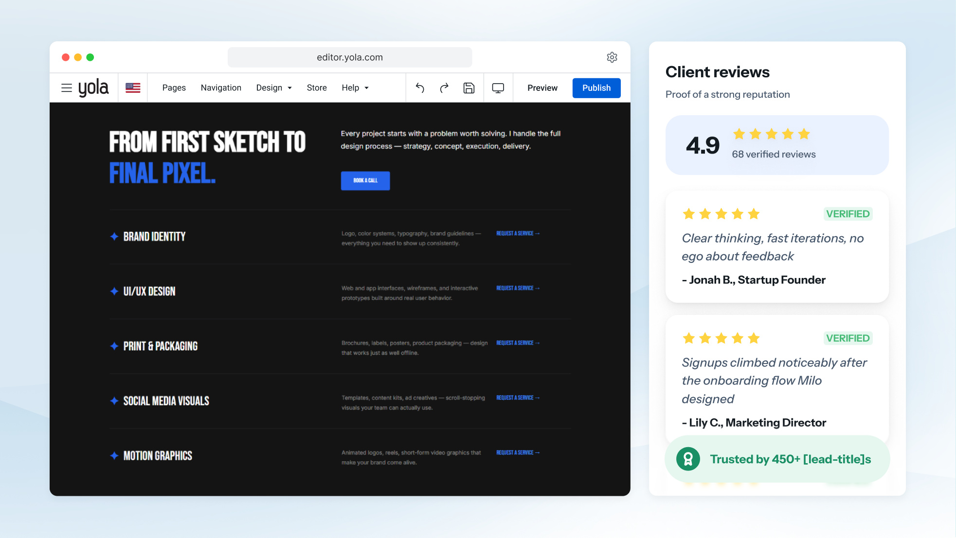 A designer website case study on a laptop screen, with packaging photos in a gallery and a short description of the brief.