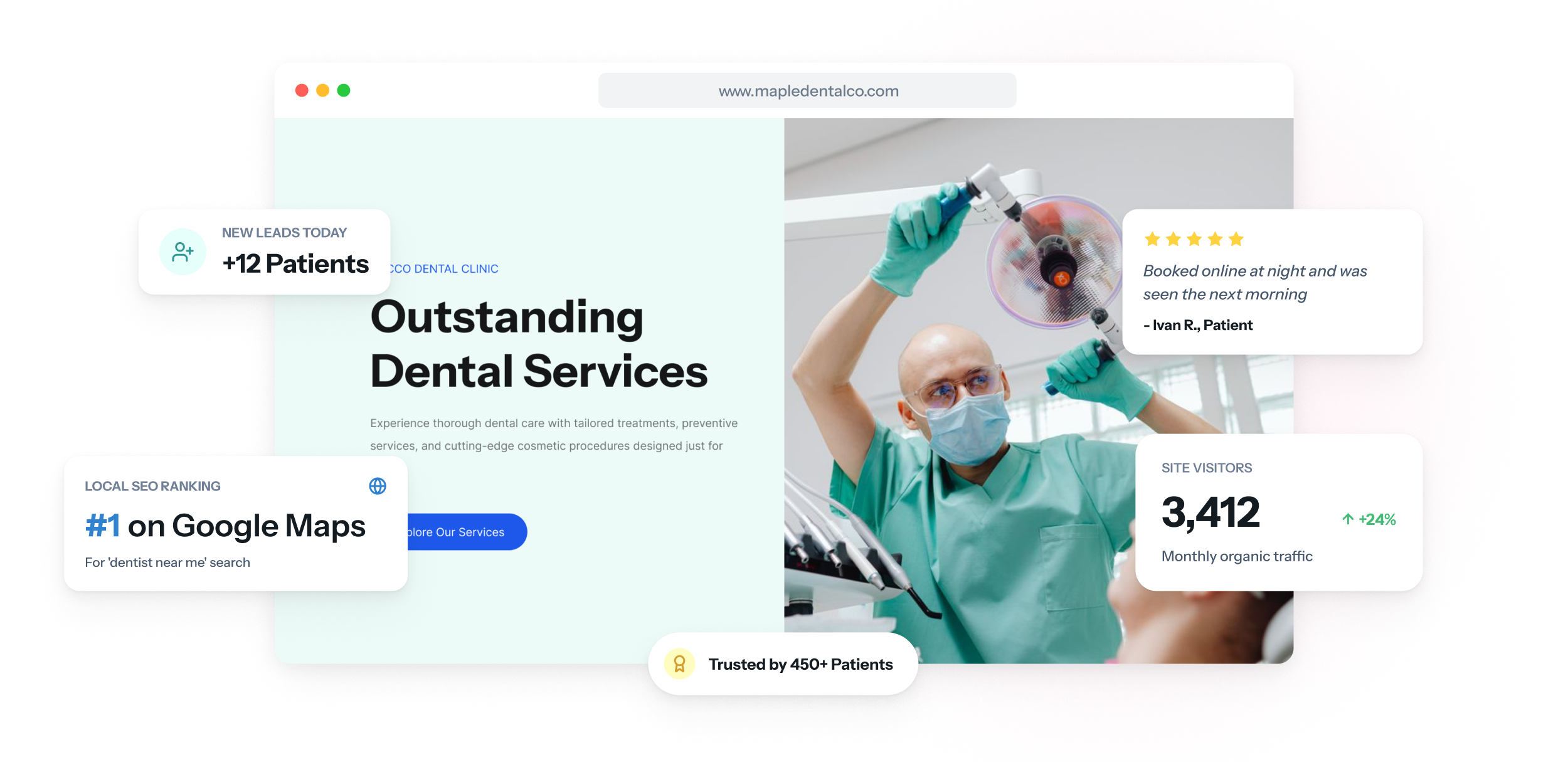 Site de dentista no notebook e no celular, com lista de tratamentos e preços, telefone de emergência e um botão para pedir consulta.