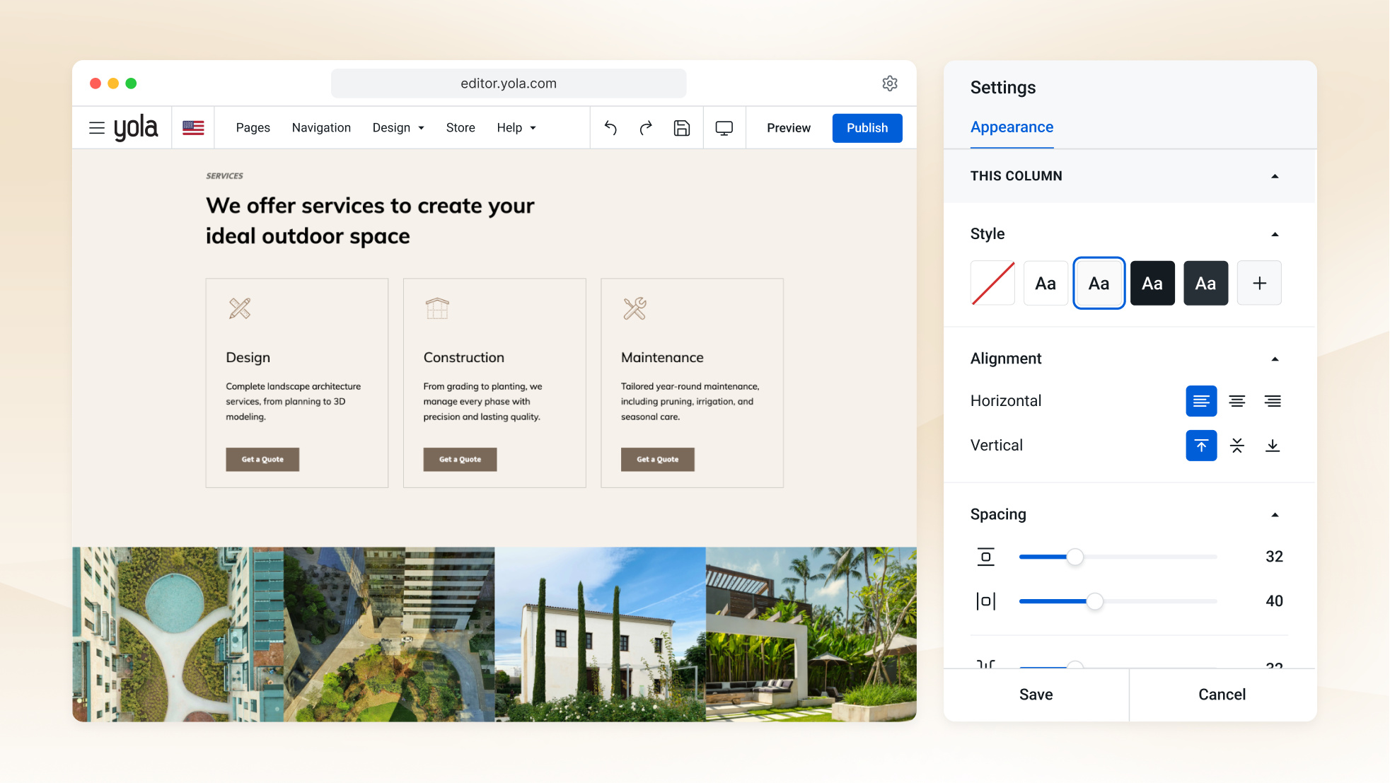 Der KI-Website-Baukasten von Yola erstellt auf einem Laptop aus wenigen beantworteten Fragen den Entwurf einer Startseite für ein Architekturbüro.