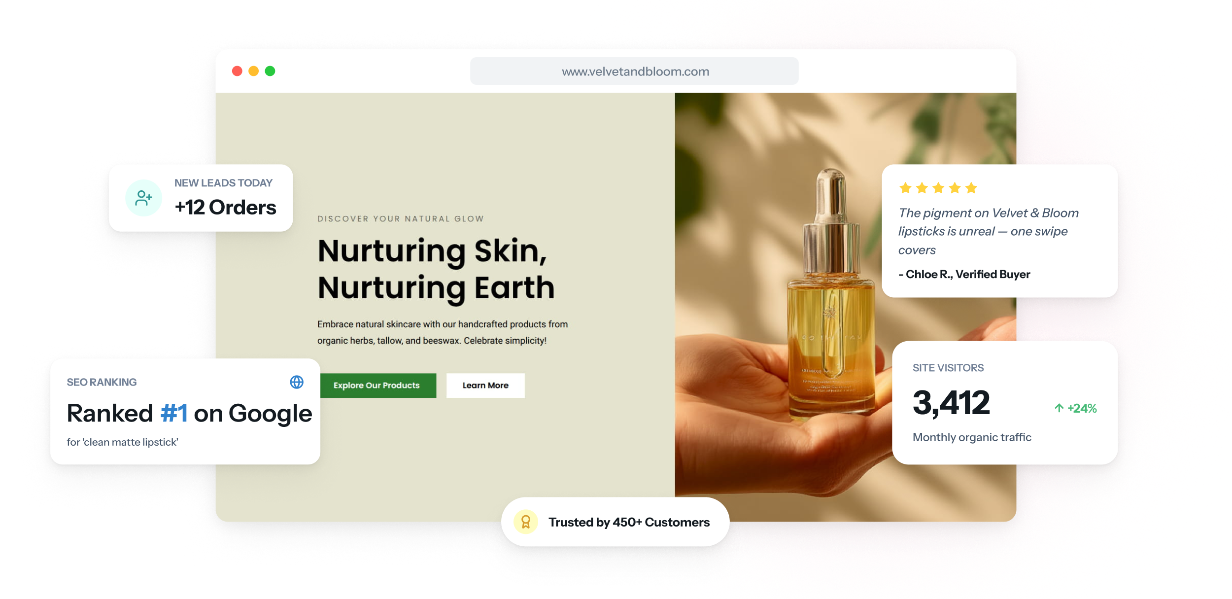 Un site web de cosmétiques affiché sur un ordinateur portable et un smartphone, avec une grille de teintes et leurs swatches, une fiche produit comportant la liste des ingrédients et un bouton d’achat.