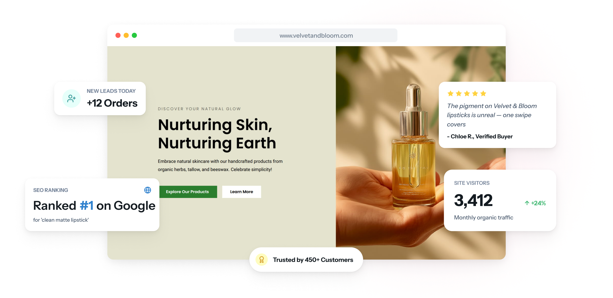 Site de cosméticos no notebook e no celular, com uma grade de cores com swatches, uma página de produto com lista de ingredientes e um botão de compra.