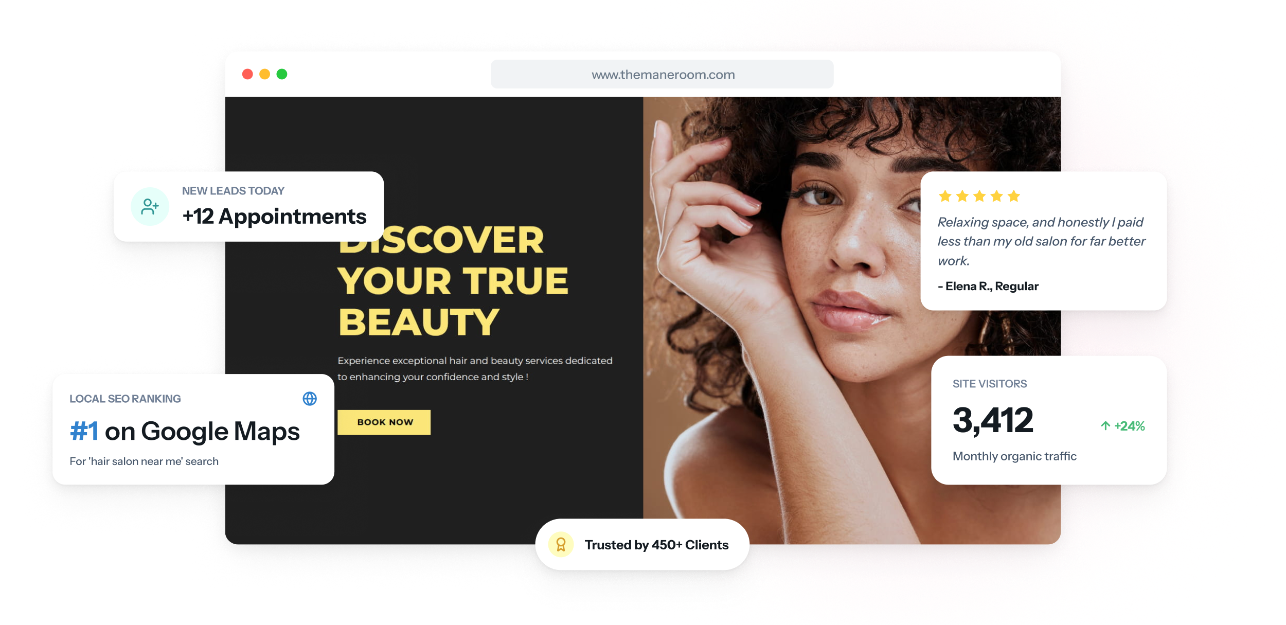 La página web de una peluquería en un portátil y un teléfono, con la lista de precios y un botón para pedir cita junto a fotos de trabajos de color terminados.