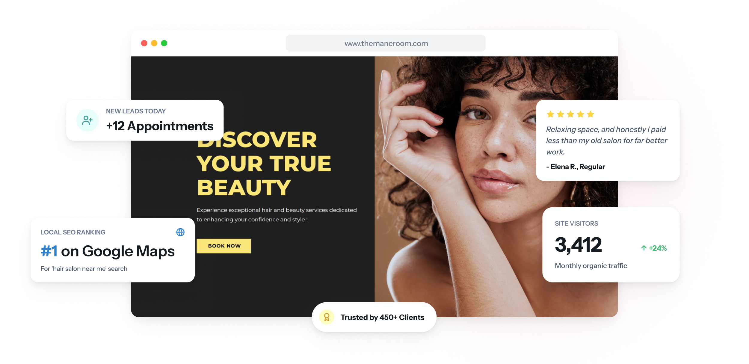 Il sito web di un salone di parrucchieri visto su laptop e smartphone, con il listino prezzi e un pulsante di prenotazione accanto alle foto di colorazioni finite.