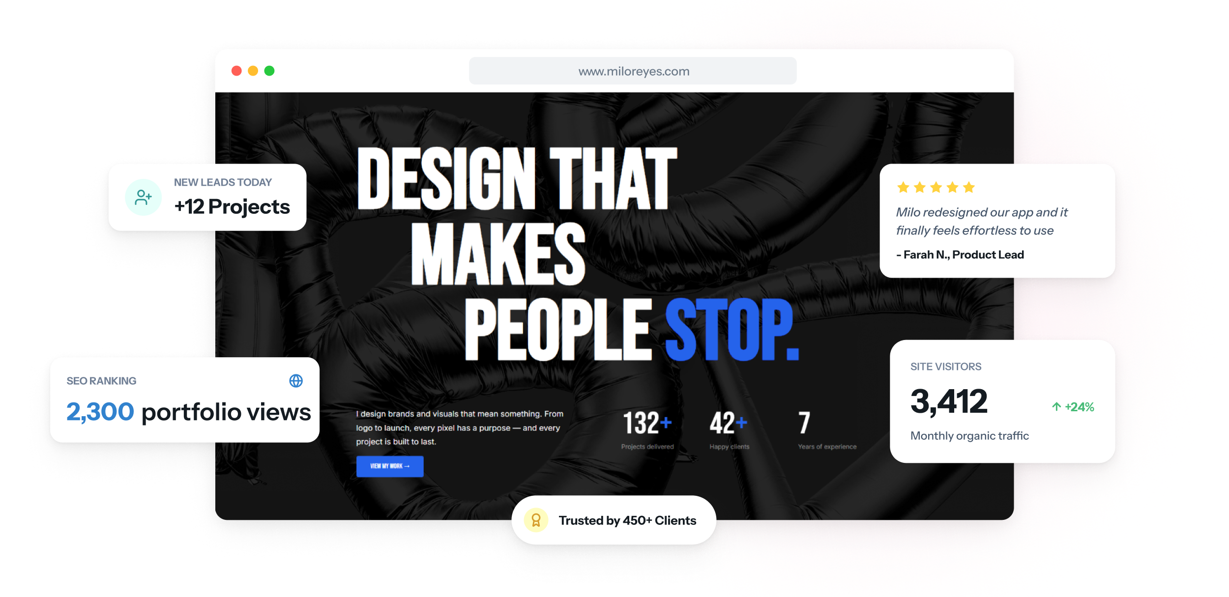 Il sito web di un designer su laptop e smartphone, con una griglia di casi studio, un elenco di discipline del design e un modulo di richiesta progetto.