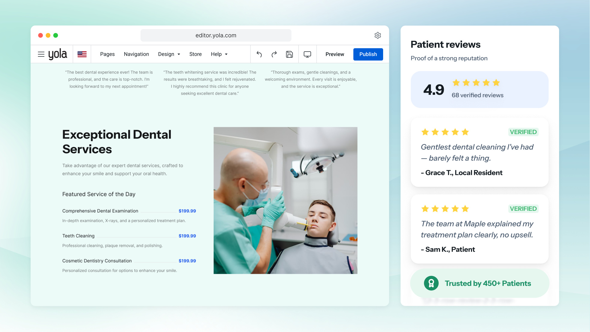 Galeria de fotos do consultório, da cadeira e dos equipamentos no site de um dentista, exibida na tela de um notebook.