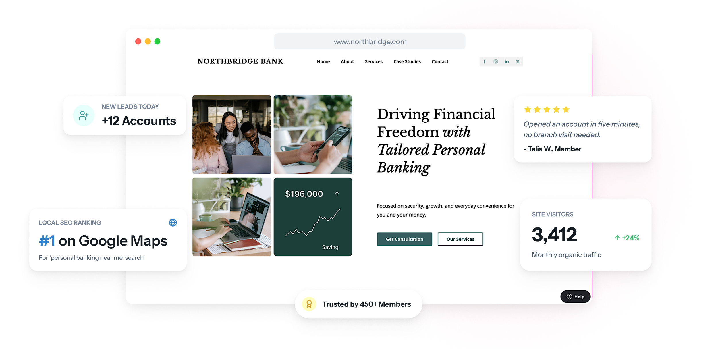 Site de um banco comunitário no notebook e no celular, mostrando taxas de poupança com data de vigência, horários das agências e um botão para iniciar uma solicitação.
