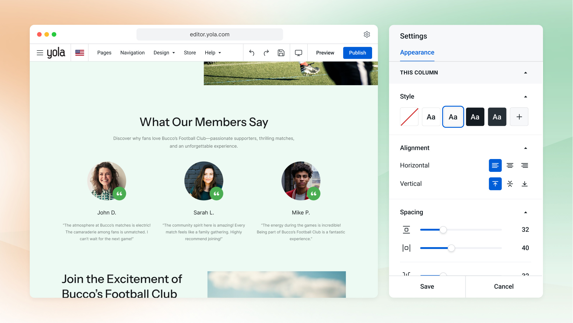Le créateur de site web IA de Yola générant une première version de page d’accueil de club de football à partir de quelques réponses.