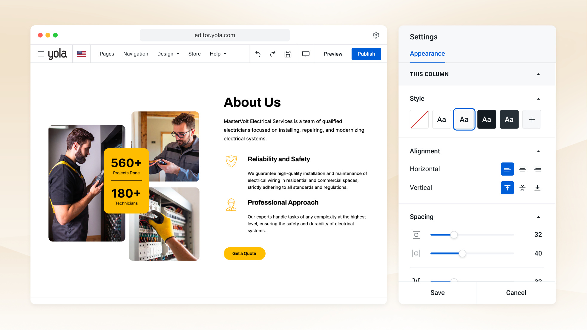Le créateur de site web IA de Yola génère un premier brouillon de site d’électricien, avec une section services et un bouton d’appel déjà en place.