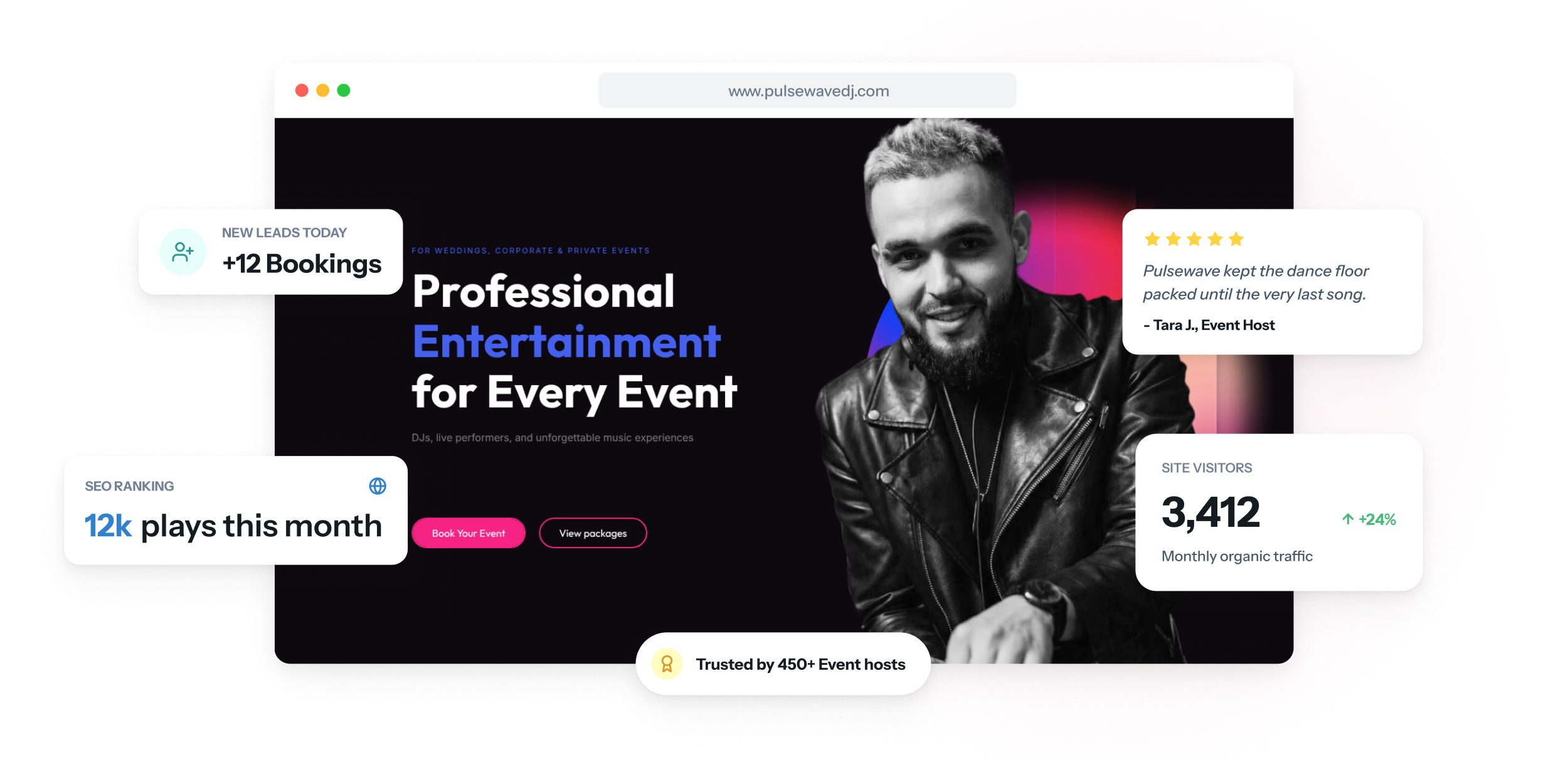 Site de DJ no notebook e no celular, com um player de set incorporado acima de uma lista de locais onde já tocou e um botão de consulta de data.