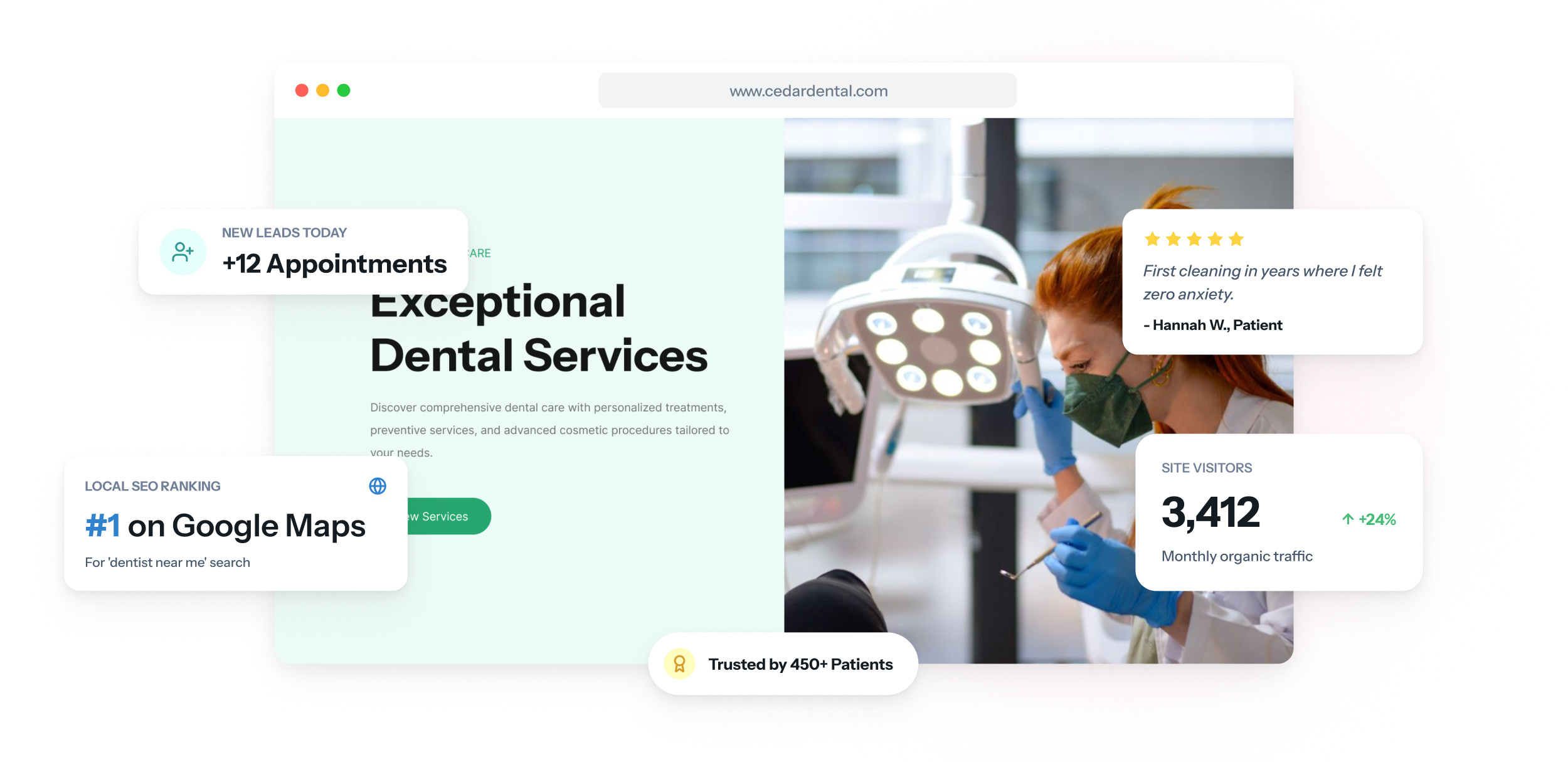 Site de consultório odontológico no notebook e no celular, com lista de tratamentos e valores, perfis da equipe e um botão para cadastro de novos pacientes.
