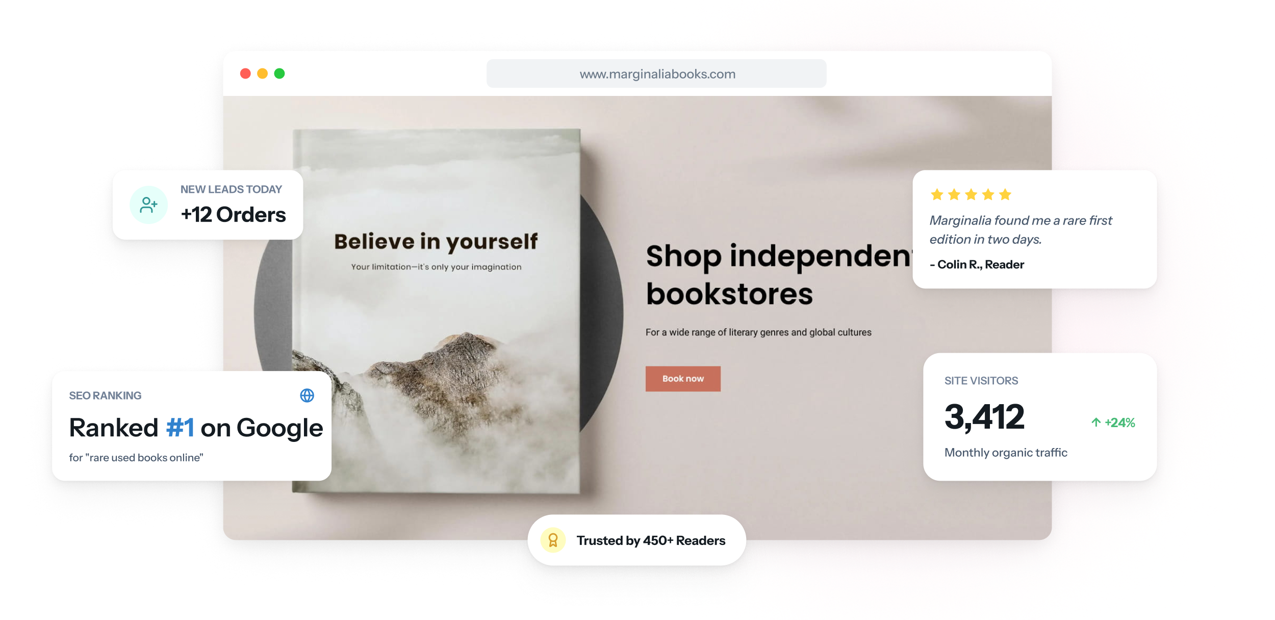 Website einer Buchhandlung auf Laptop und Smartphone mit Buchtipps des Teams, den Lesungen des Monats und einem Button zum Reservieren eines Titels.