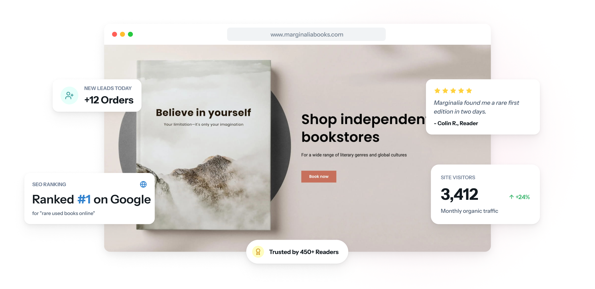 Le site web d’une librairie sur ordinateur portable et smartphone, avec les coups de cœur des libraires, les rencontres d’auteurs du mois et un bouton pour réserver un livre.