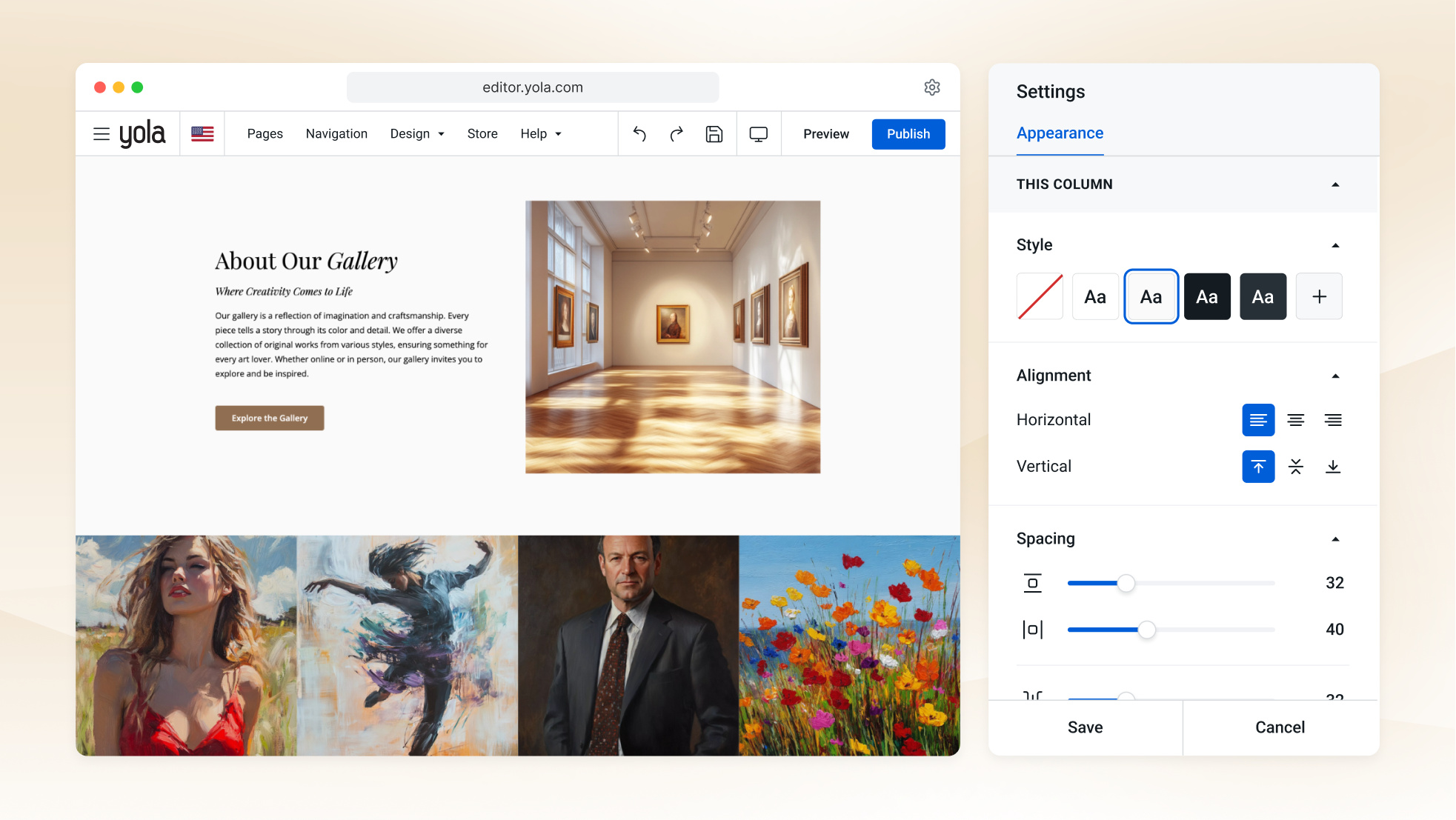 Le Créateur de site web IA de Yola prépare une page d’accueil de galerie à partir de quelques réponses, affichée sur l’écran d’un ordinateur portable.