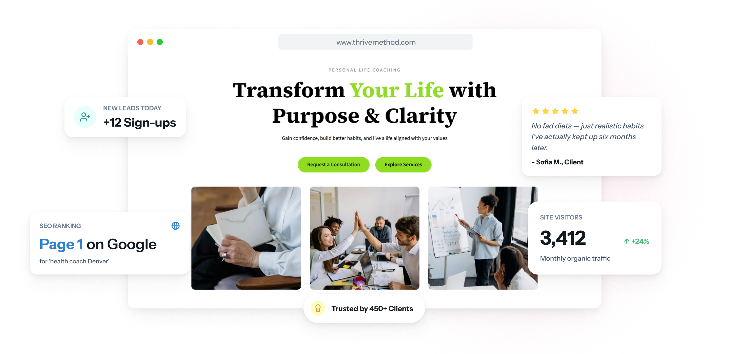 Un site web de coaching santé sur ordinateur portable et téléphone, avec un programme de douze semaines, son prix et ses points hebdomadaires, et un bouton pour demander un appel découverte.