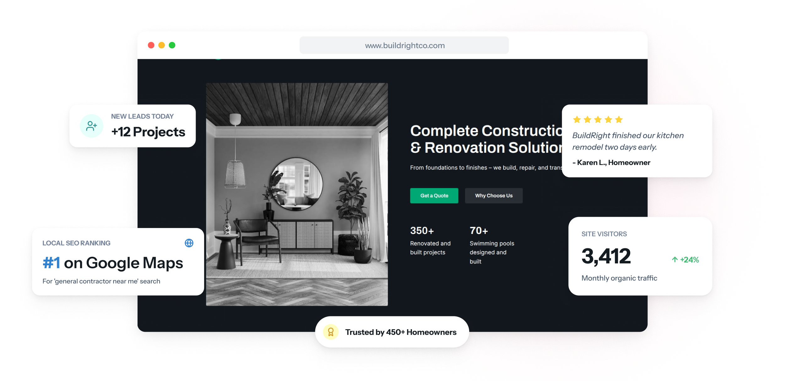 Site de uma empreiteira geral exibido em notebook e celular, com uma reforma de cozinha concluída no topo e os dados de licença e seguro ao lado de um botão de pedido de orçamento.