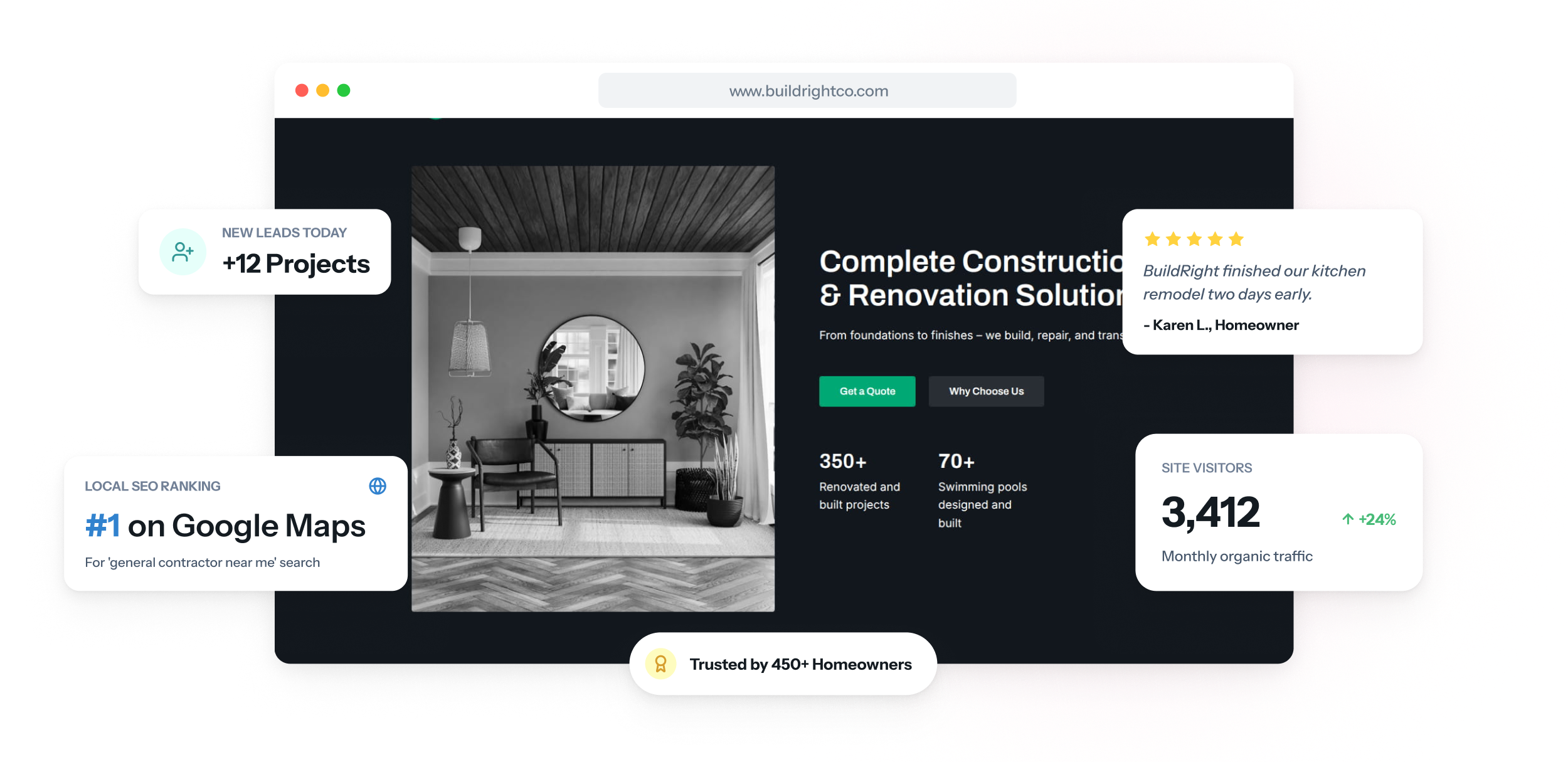 La página web de un contratista general en un portátil y un teléfono, con una remodelación de cocina terminada en la parte superior y los datos de licencia y seguro junto a un botón para solicitar presupuesto.