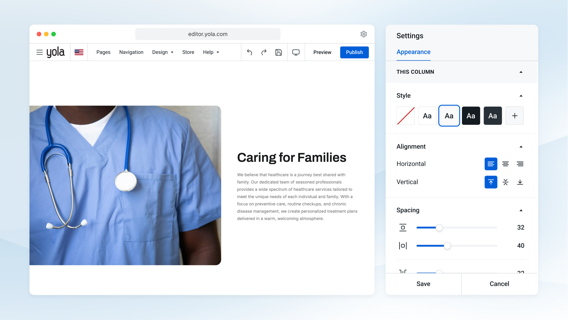 Le créateur de site web IA de Yola génère le brouillon d’une page d’accueil de médecin à partir de quelques réponses.