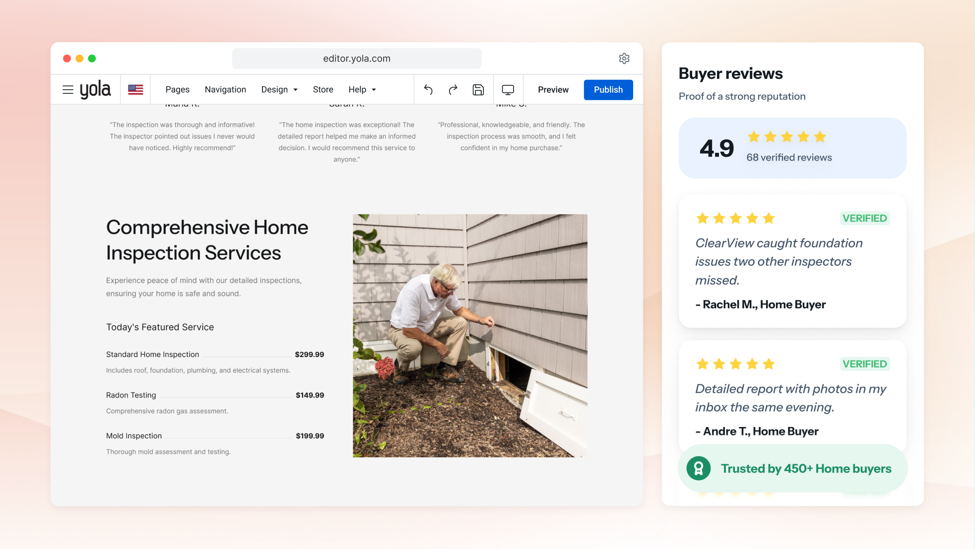 Une page de rapport type sur un site web d’inspection immobilière, avec la synthèse d’un PDF anonymisé à côté de photos prises lors d’inspections réelles.
