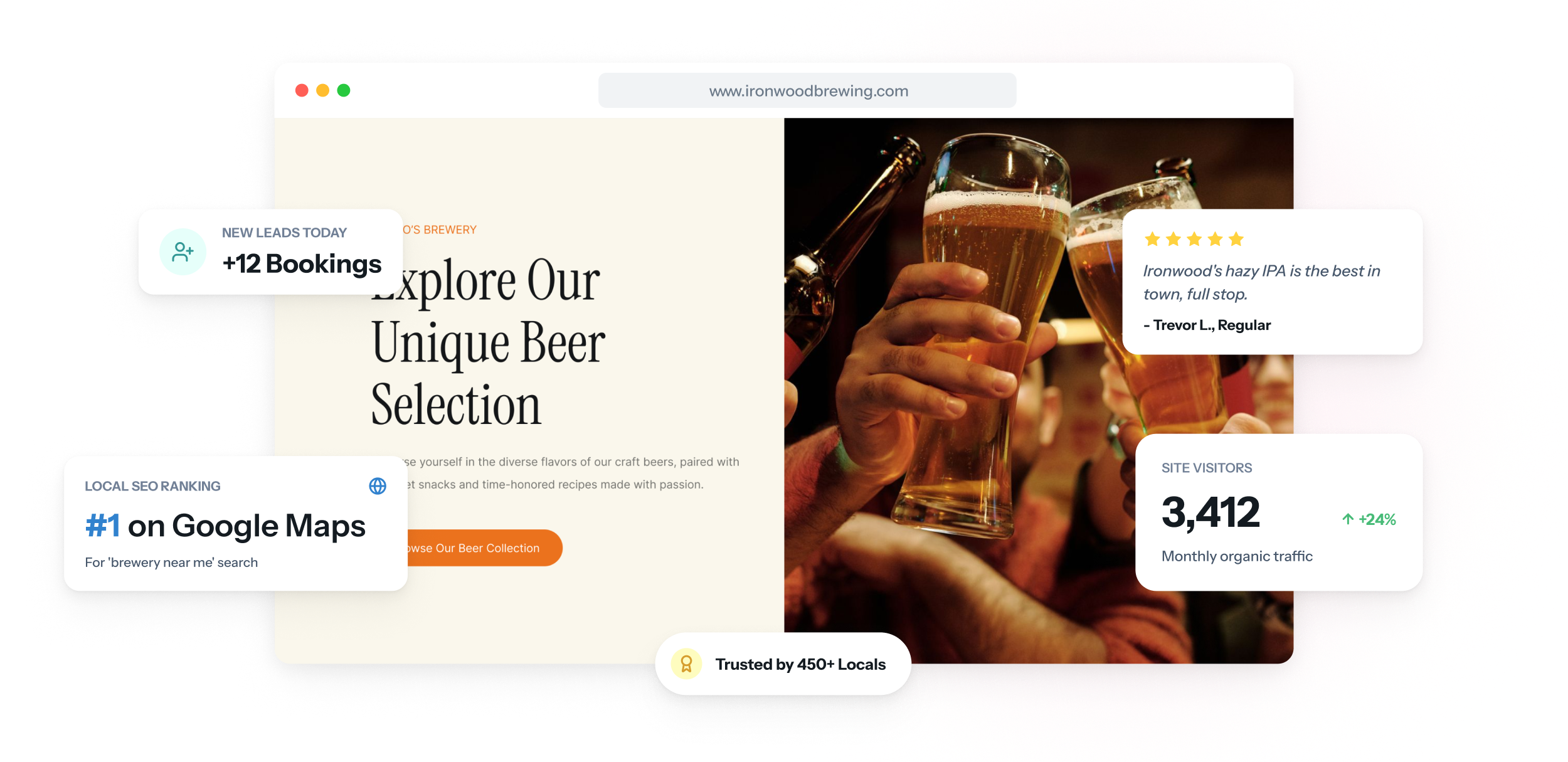 Website einer Brauerei auf Laptop und Smartphone mit der aktuellen Bierkarte, den Öffnungszeiten des Schankraums und einem Button zum Anfragen einer Führung.