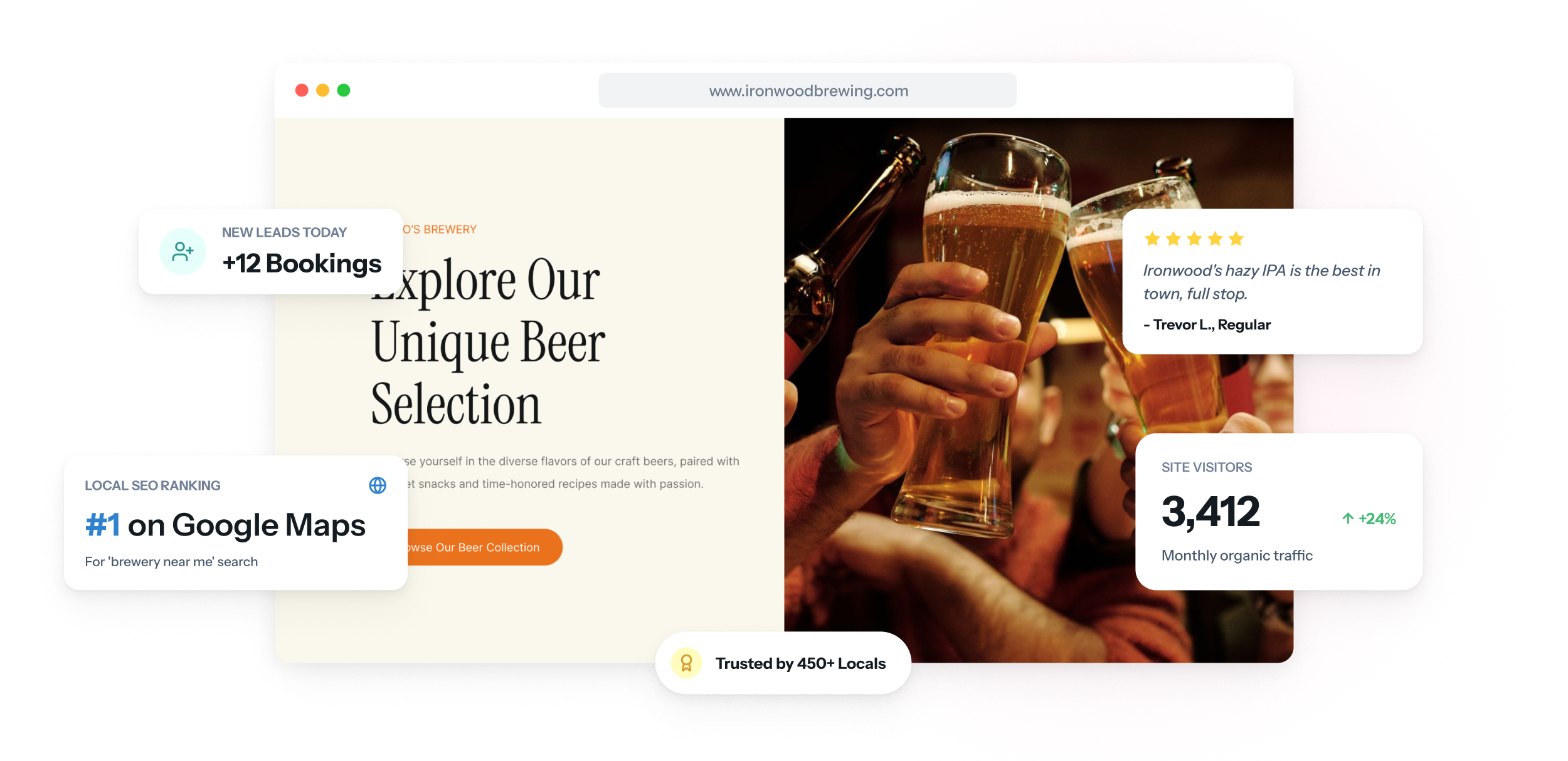 A brewery website on laptop and phone, showing the current tap list, taproom hours and a button to request a tour.
