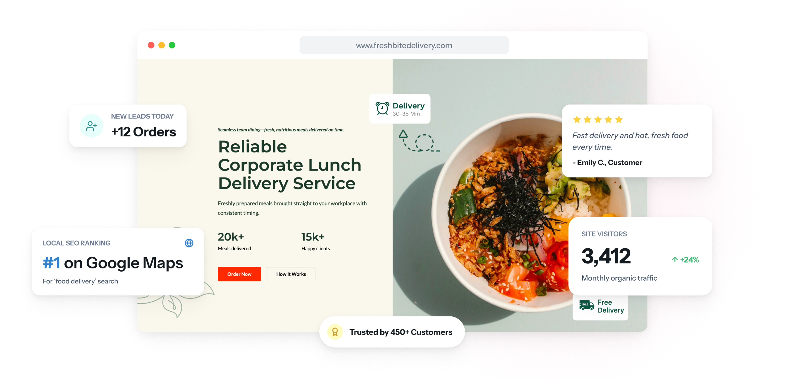 A food delivery website shown on laptop and phone, with a priced menu, a list of delivery ZIP codes and an order button.