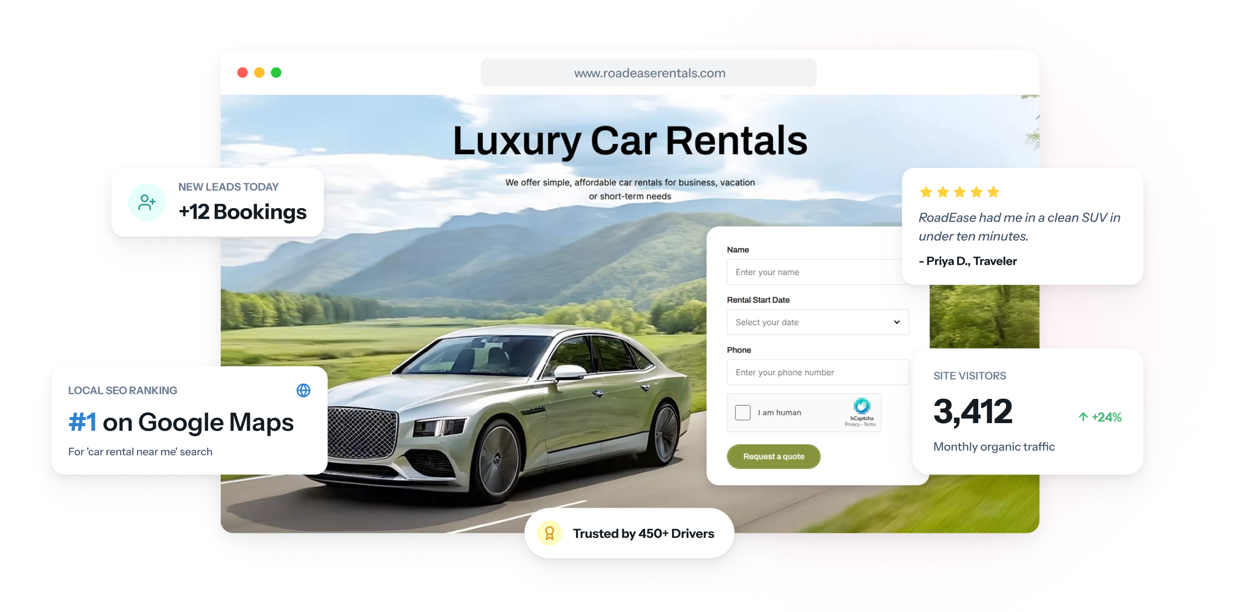 Website einer Autovermietung auf Laptop und Smartphone mit einer Fahrzeugübersicht samt Tagespreisen und einem Button für Reservierungsanfragen.