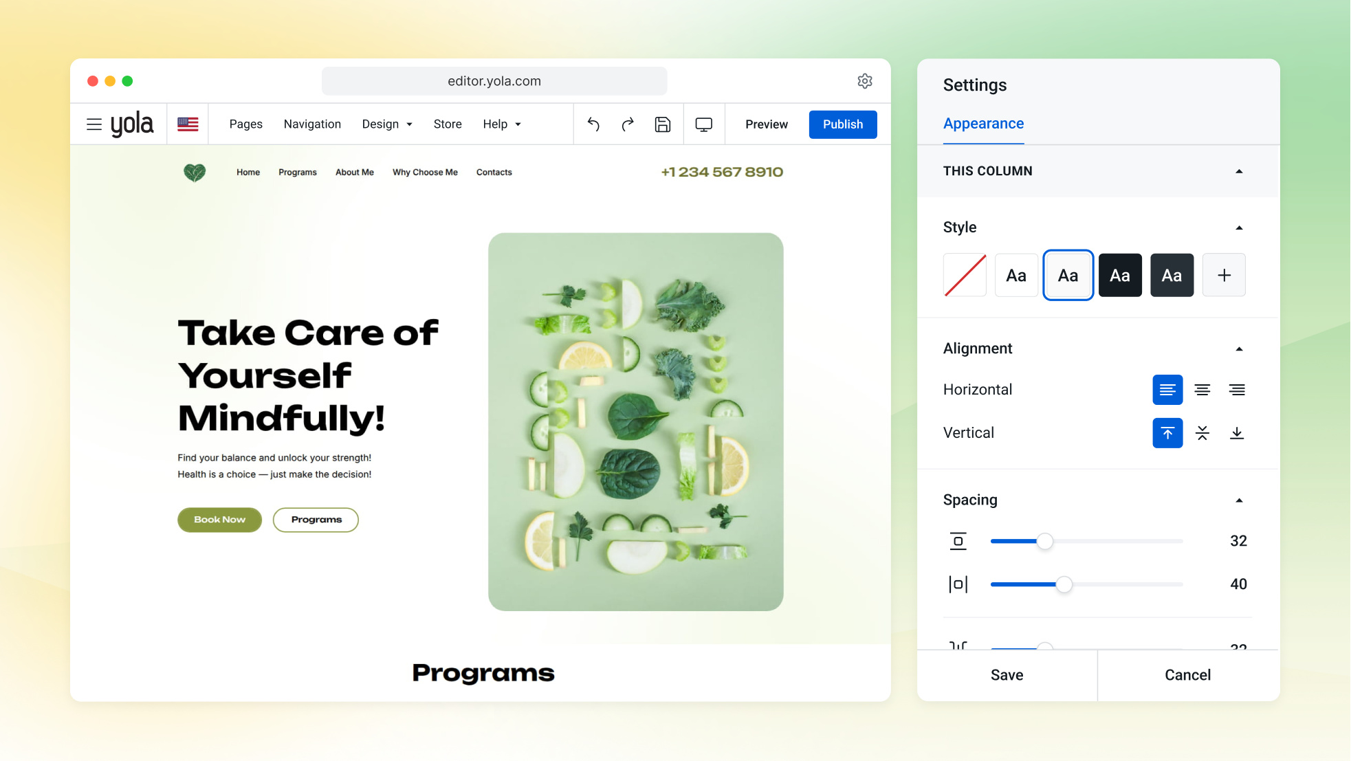 L'editor di Yola aperto sulla home page di un dietista, mentre si modificano una sezione dei servizi di consulenza e una tariffa.