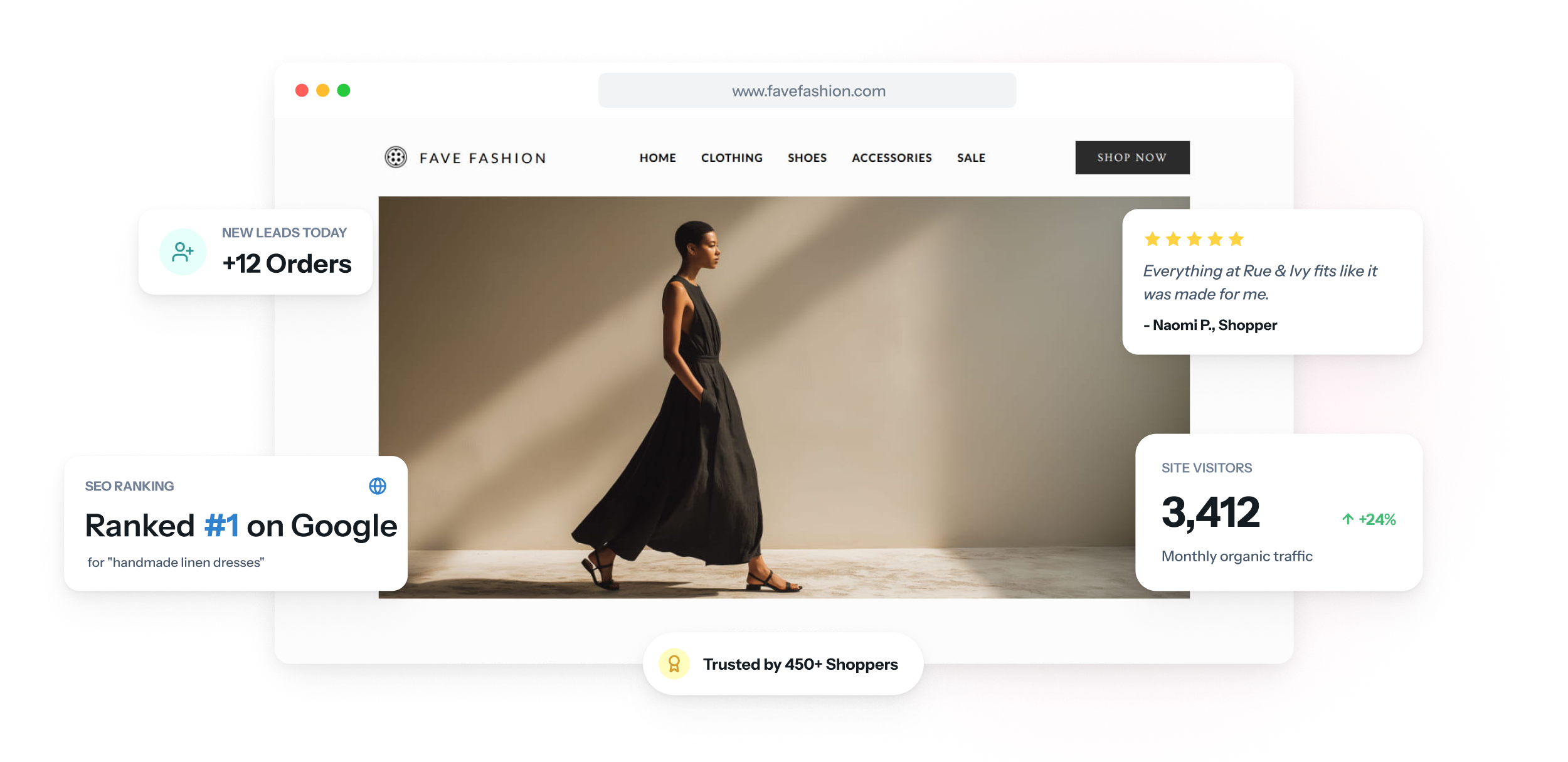 Website einer Boutique auf Laptop und Smartphone mit einer Neuheiten-Stange, verfügbaren Restgrößen und einem Button zum Reservieren eines Teils.