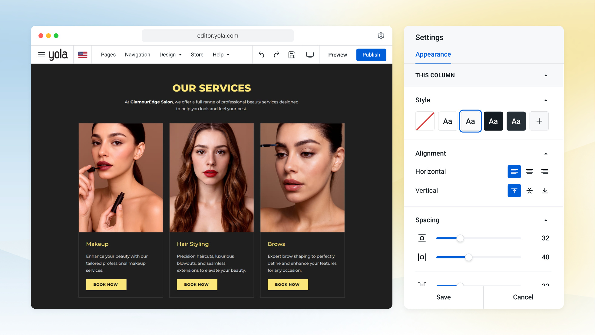 Der KI-Website-Baukasten von Yola erstellt aus wenigen beantworteten Fragen einen Entwurf für die Startseite einer freiberuflichen Hairstylist-Website.