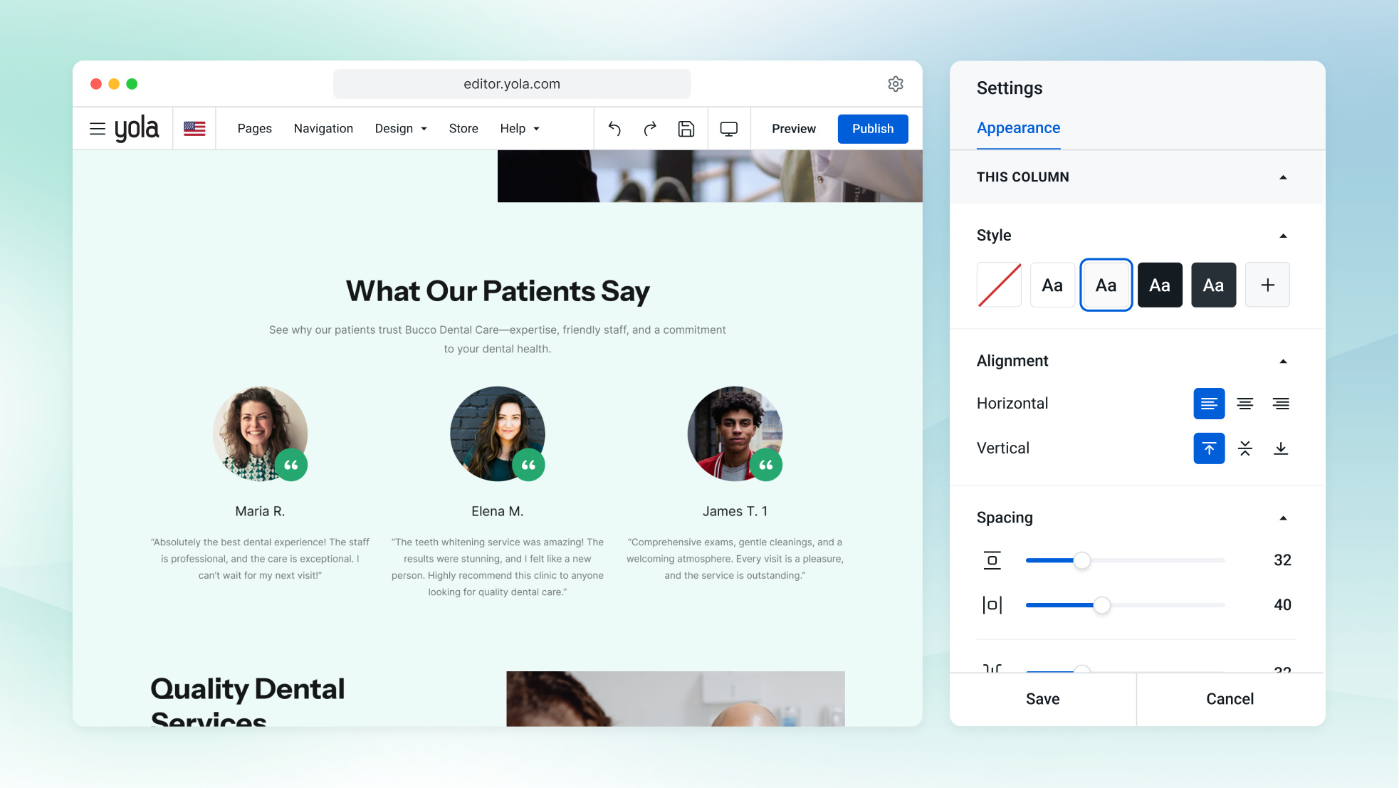 A dental practice home page open in the Yola editor, with the treatment list and each surgery's opening hours being changed.