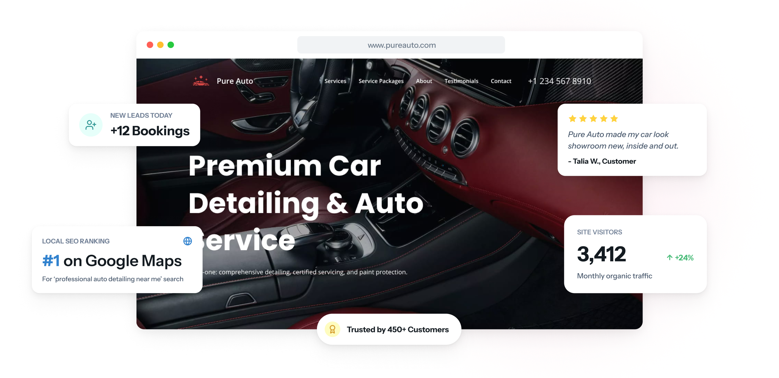 La home page di un sito di car detailing su laptop e smartphone, con il listino dei pacchetti, una coppia di foto prima e dopo e un pulsante per richiedere una prenotazione.
