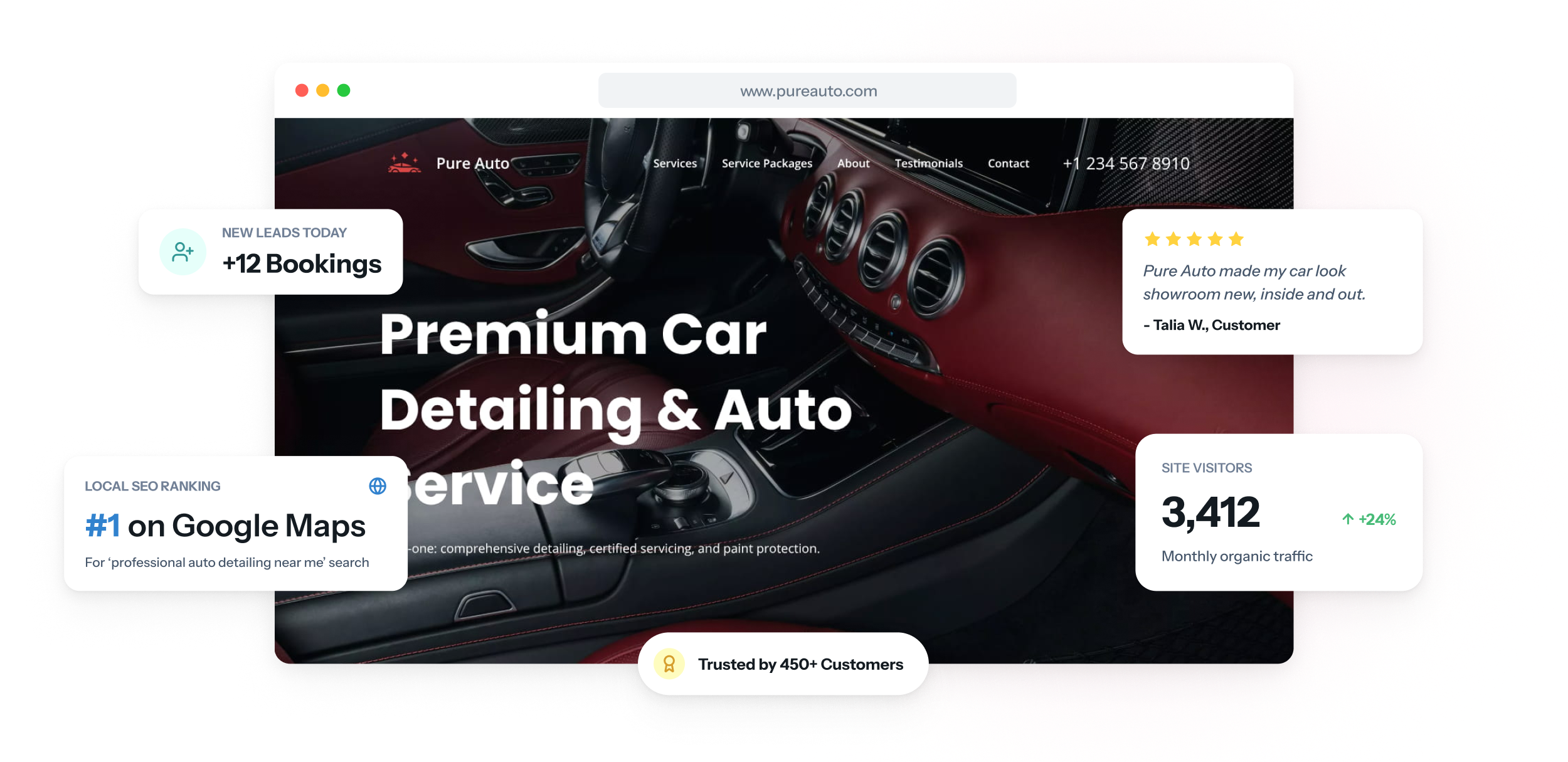 Página inicial de um site de estética automotiva no notebook e no celular, com uma tabela de preços de pacotes, um par de fotos de antes e depois e um botão de pedido de agendamento.