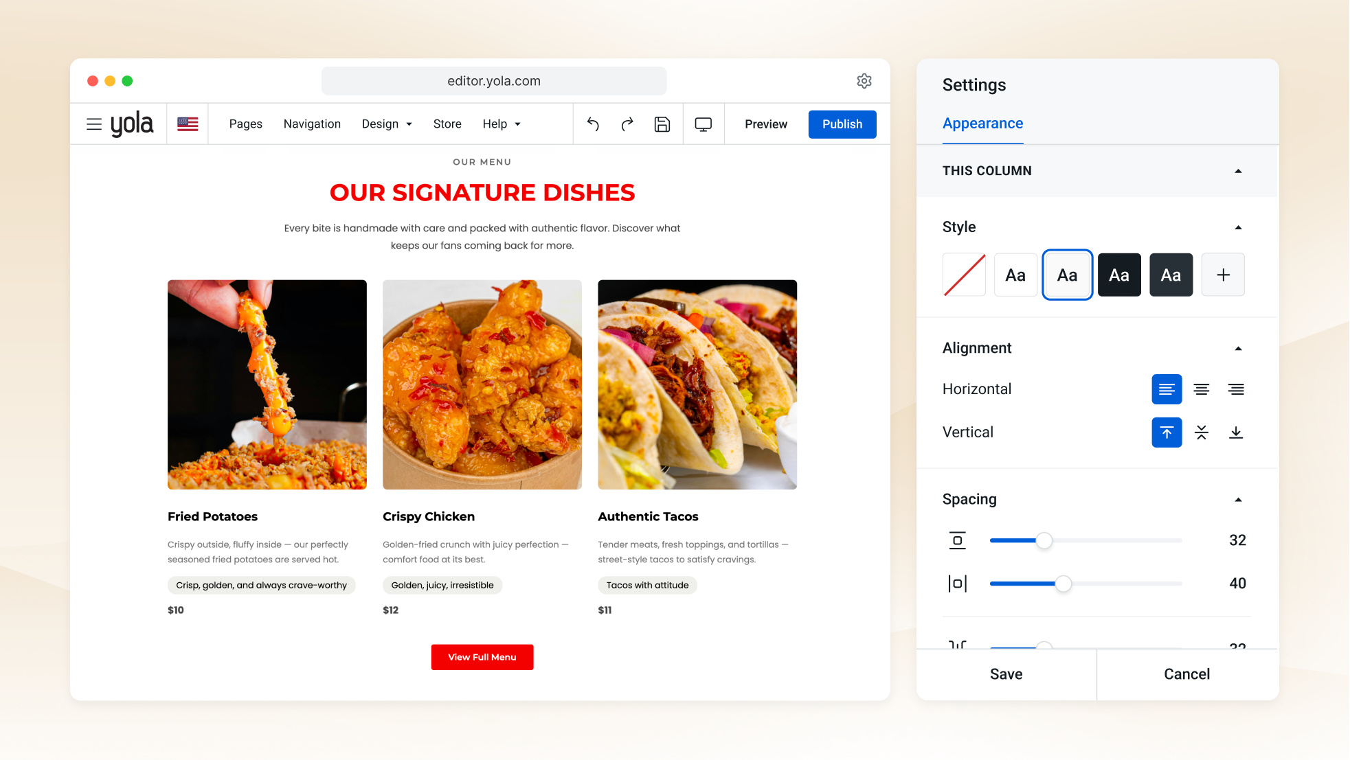 El creador de páginas web con IA de Yola generando un borrador de página de inicio para un food truck a partir de unas pocas preguntas respondidas.
