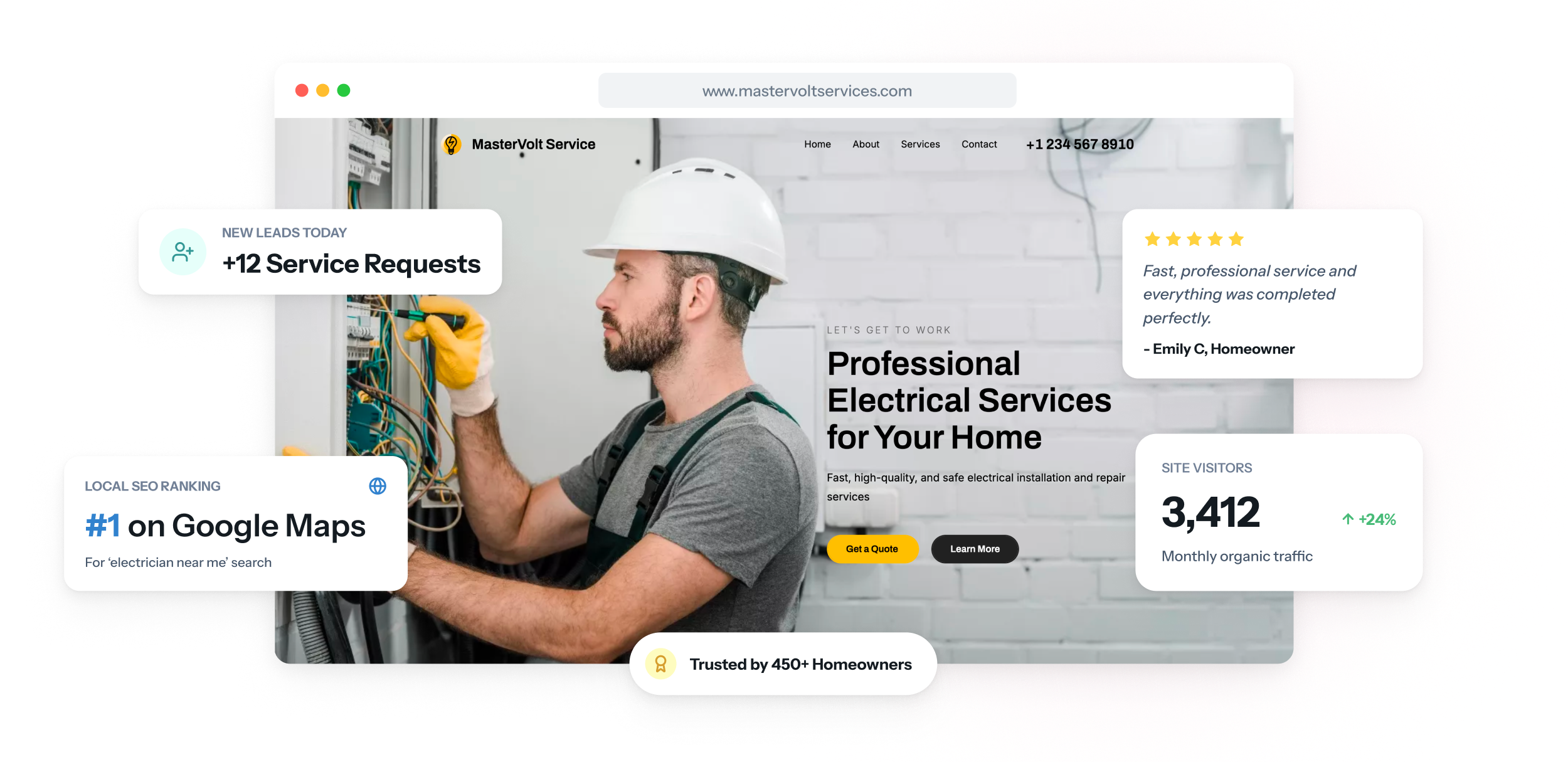 Le site web d’un électricien affiché sur un ordinateur portable et un téléphone, avec un bouton d’appel et un numéro d’urgence dans l’en-tête, au-dessus d’une liste de services électriques.