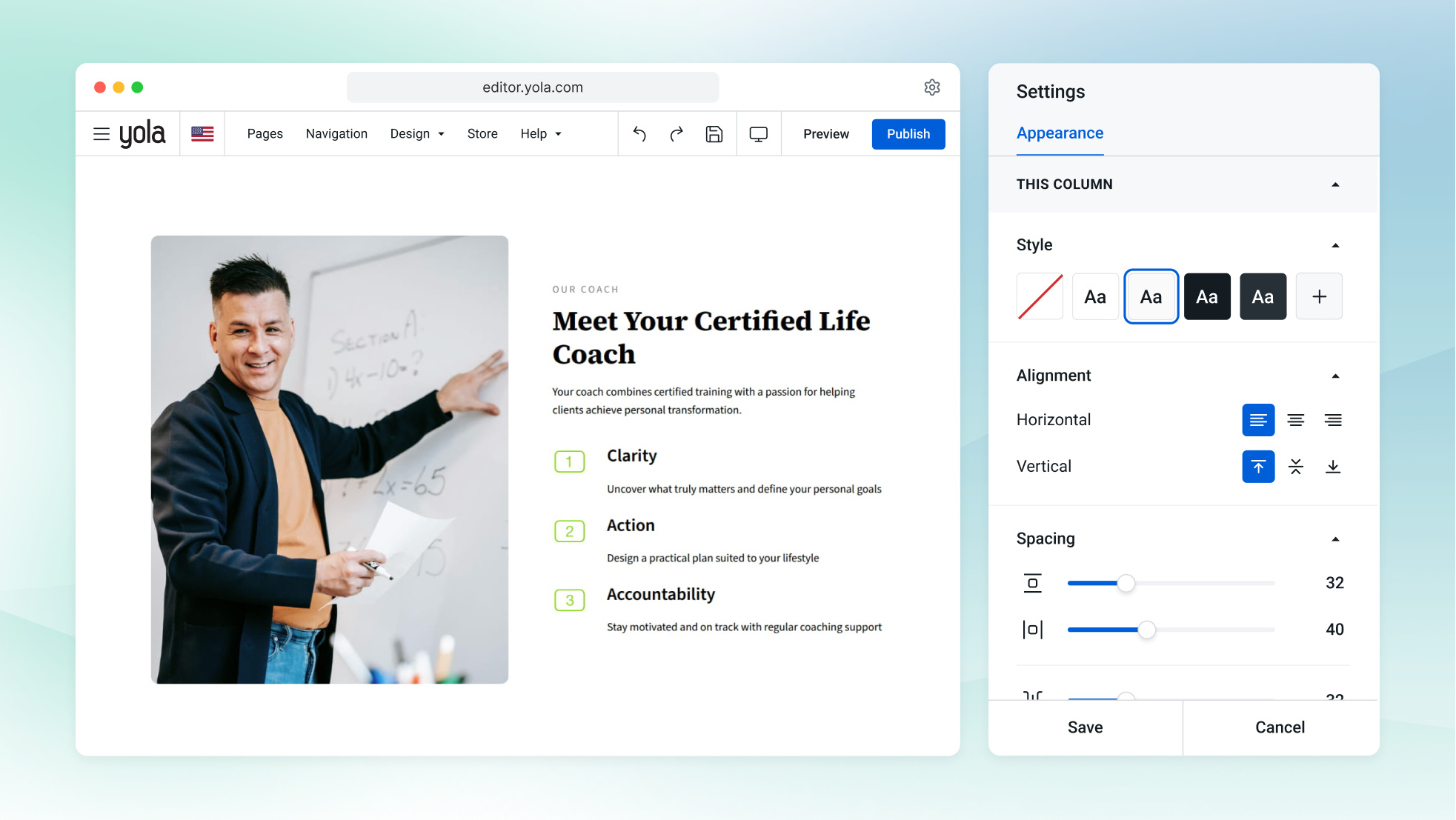 Il creatore di siti web con IA di Yola che prepara la home page di un health coach, con una sezione programma e il relativo prezzo in fase di modifica.