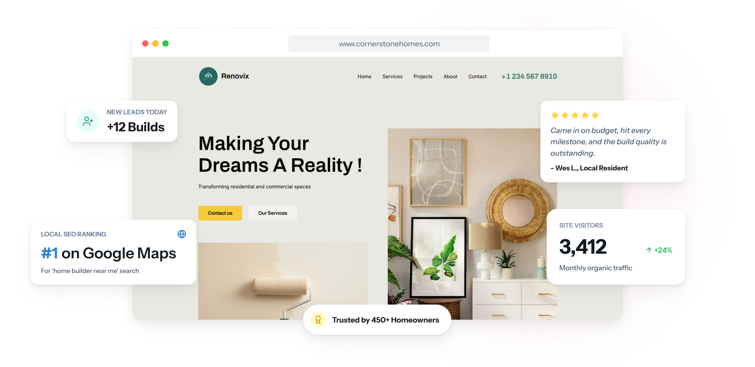 A home builder website shown on laptop and phone, with a finished home across the top and floor plans and a site visit request below it.