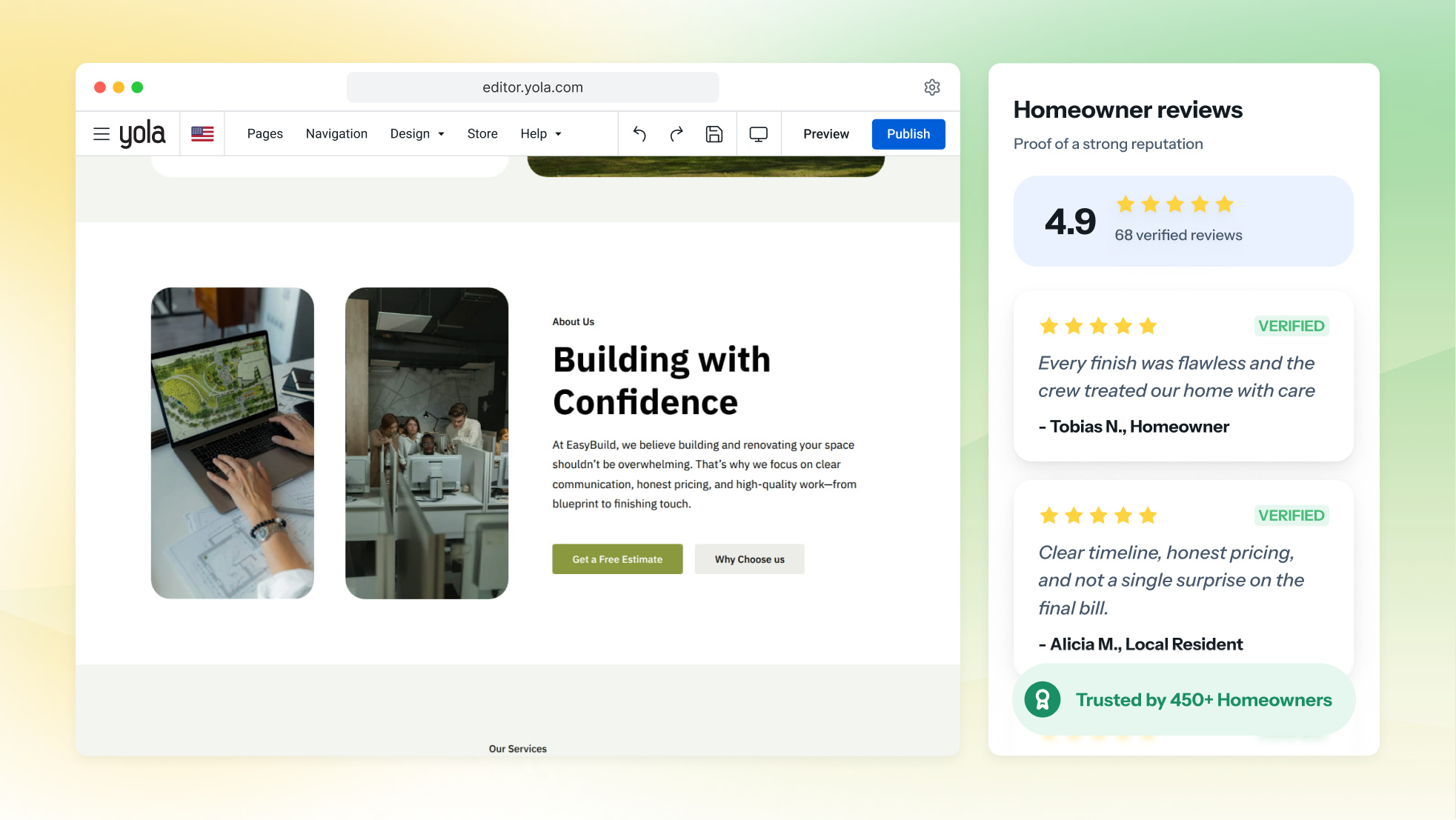 Galeria de obras no site de uma empreiteira geral mostrando uma reforma de cozinha como conjunto, com a fase de estrutura ao lado do cômodo pronto.