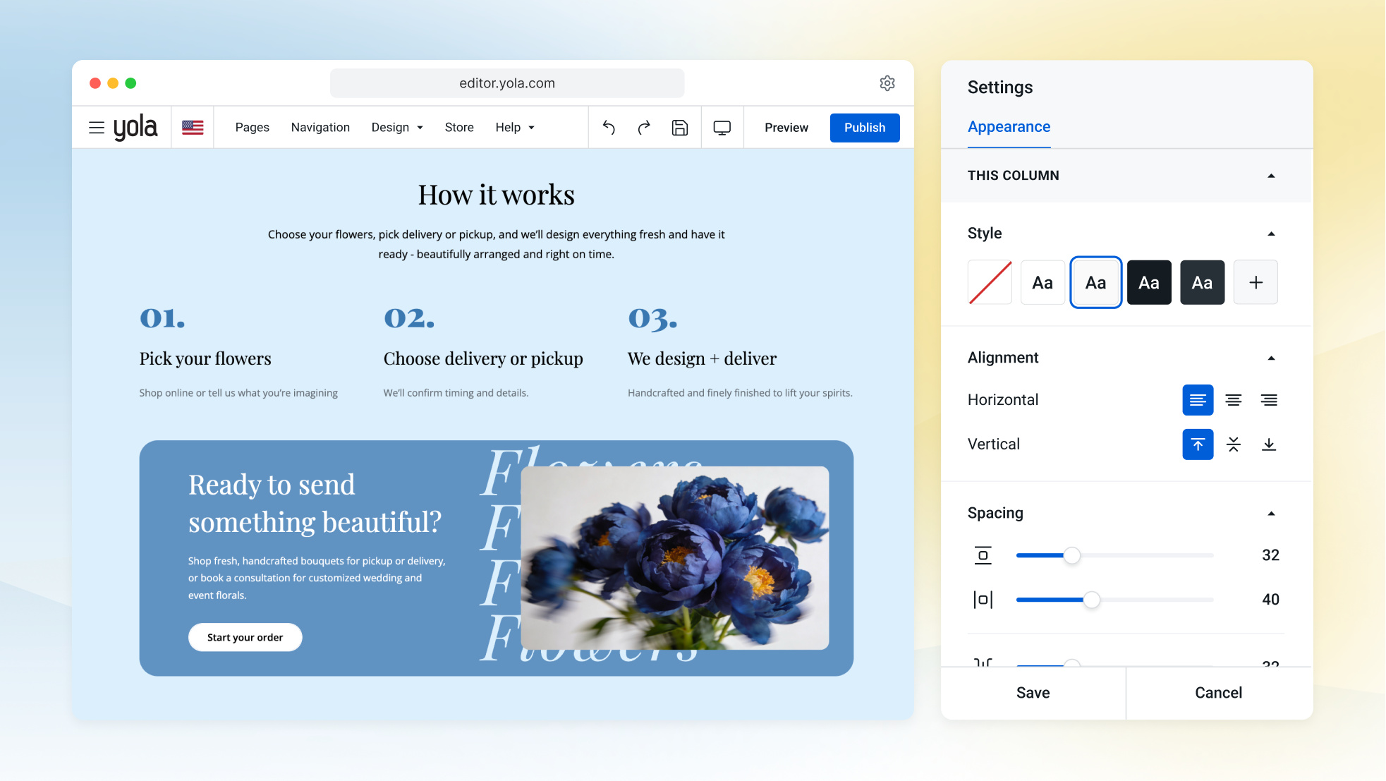 The Yola AI Website Builder generating a draft flower shop home page from a few answered questions.