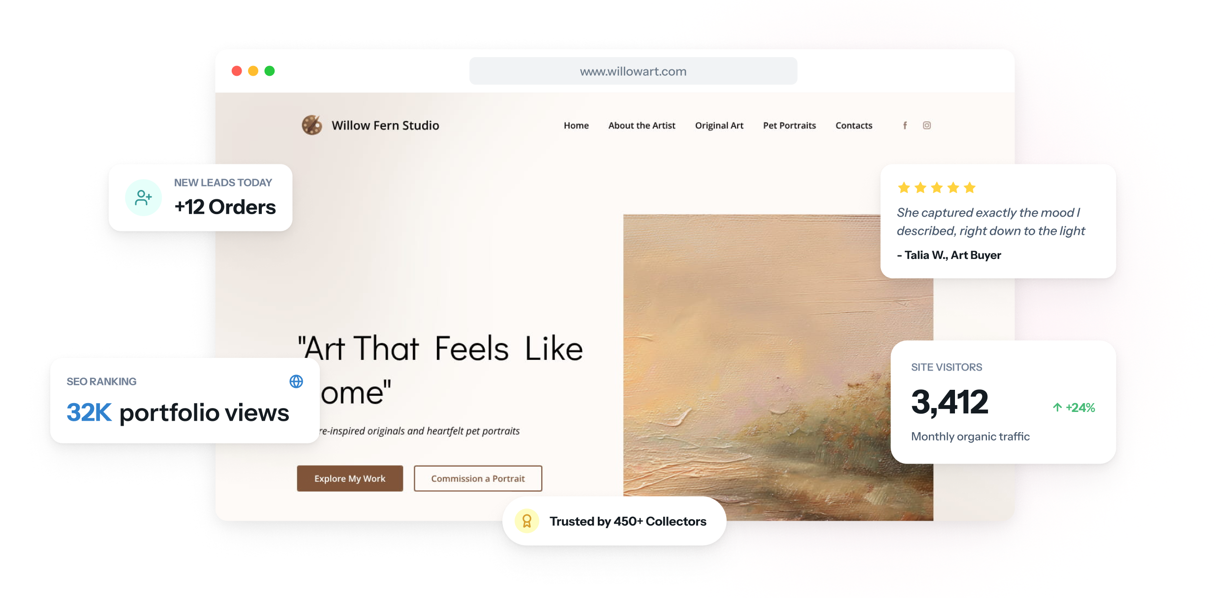 Startseite einer Portfolio-Website auf Laptop und Smartphone mit einer Serie von Gemälden, unter jedem Titel, Maße und ein Hinweis zur Verfügbarkeit.
