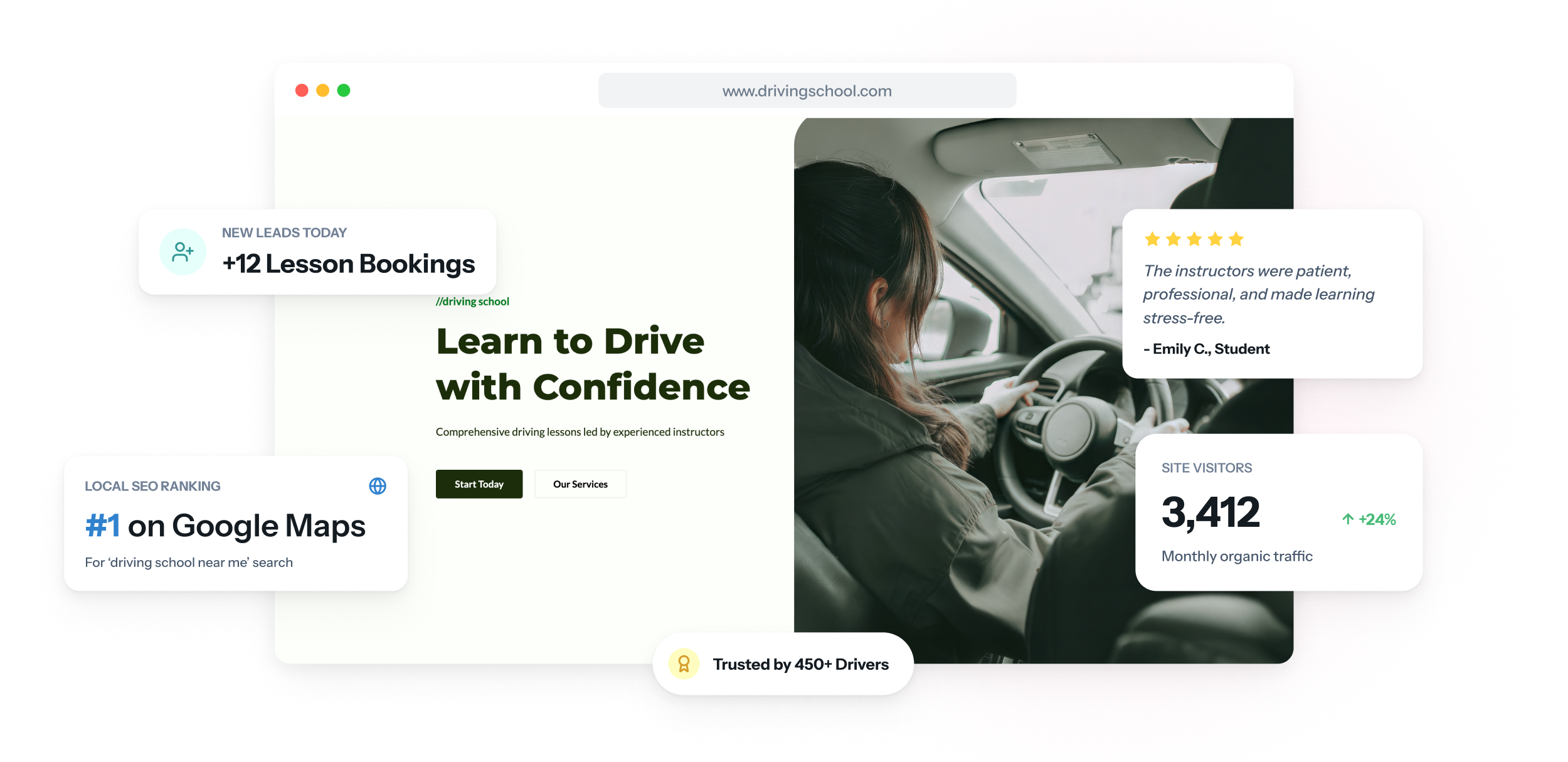 Le site web d’une auto-école affiché sur un ordinateur portable et un téléphone, avec les prix des forfaits de leçons au-dessus d’un bouton de demande de leçon.