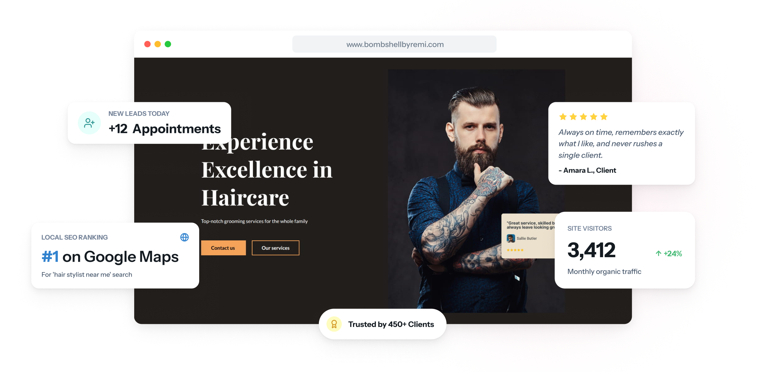 Site de cabeleireiro exibido em notebook e celular, com fotos de balayage no topo e o endereço atual do salão ao lado de um botão de consulta.