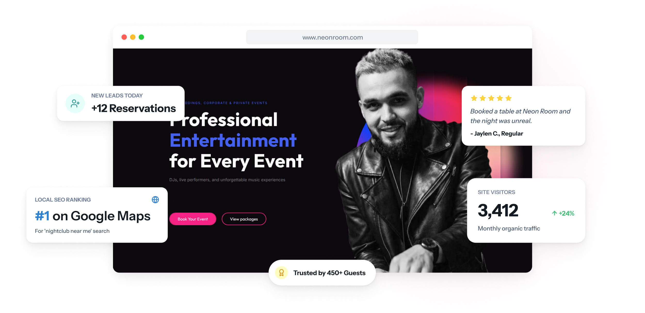 Il sito web di un club su portatile e smartphone, con le serate della settimana, la quota associativa annuale e un pulsante per chiedere informazioni sull'iscrizione.